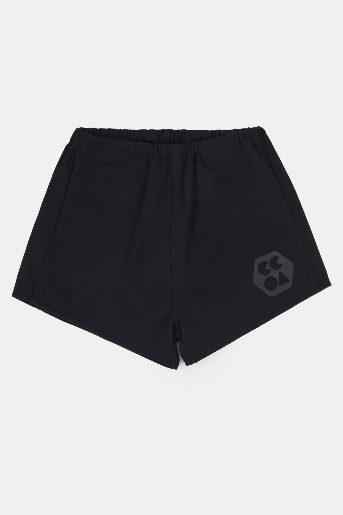 Flatlay product shot of heavyweight sports short plastic free in black