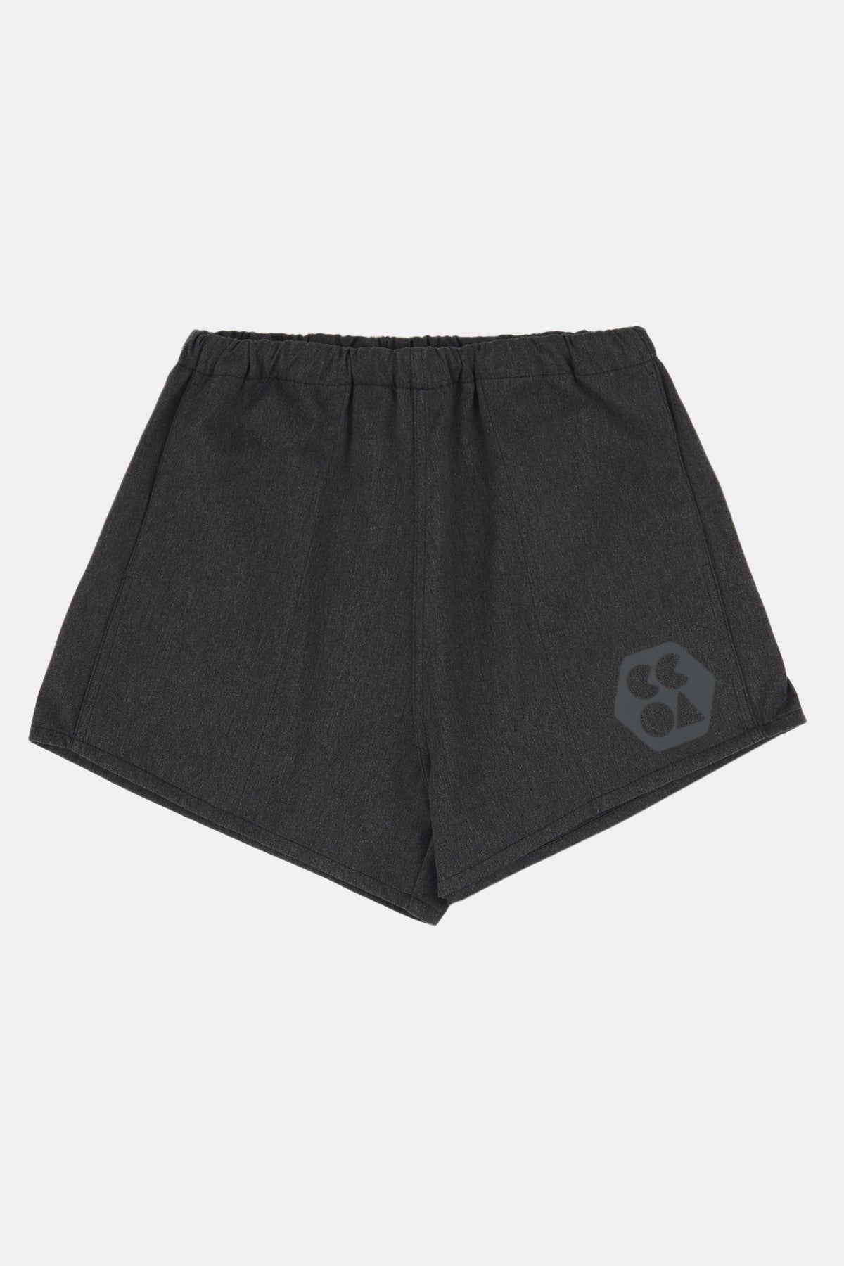 Flatlay product shot of men's heavyweight sports short plastic free in charcoal marl with black CCOA logo