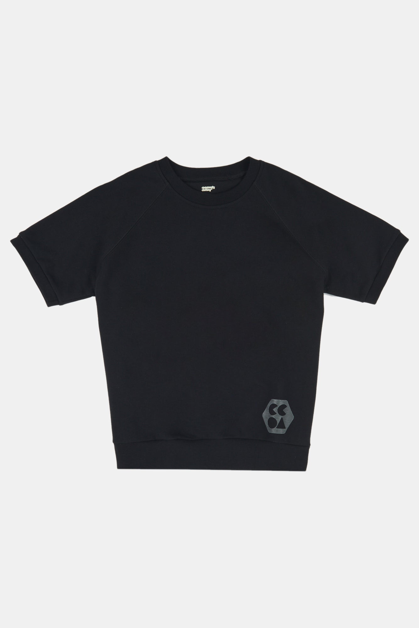 Flatlay product shot of men's short sleeve raglan training top plastic free in black
