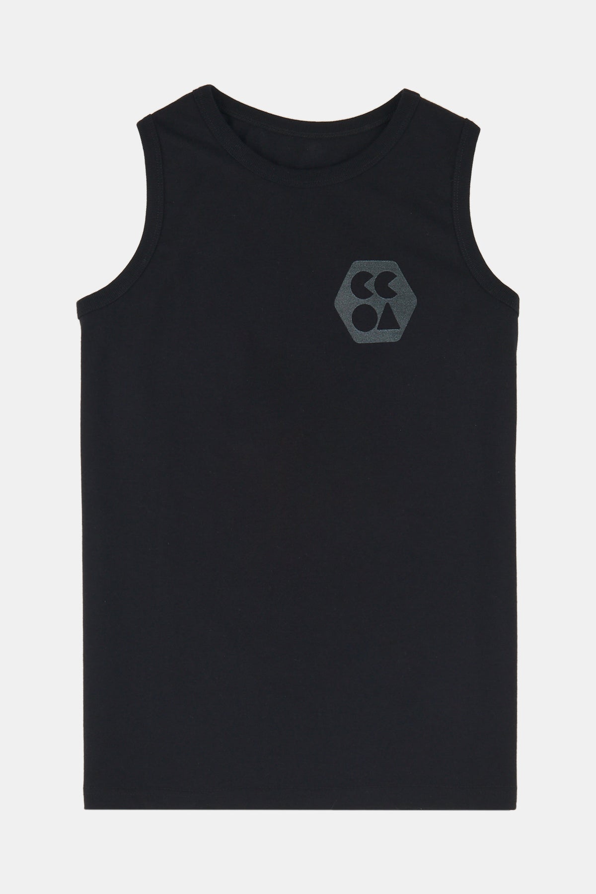 
            Flatlay product shot of men&#39;s sleeveless t shirt plastic free black with charcoal CCOA logo