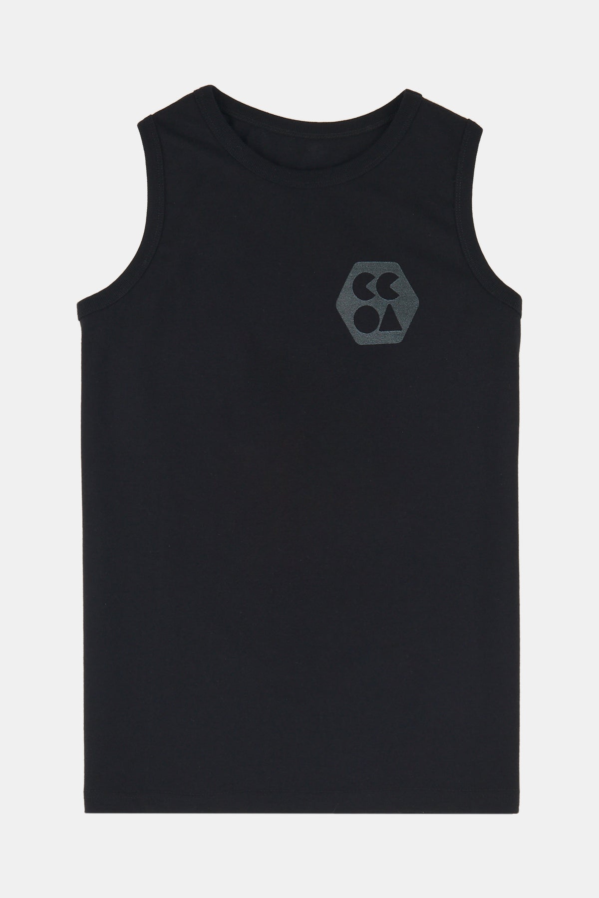 Flatlay product shot of men's sleeveless t shirt plastic free black with charcoal CCOA logo