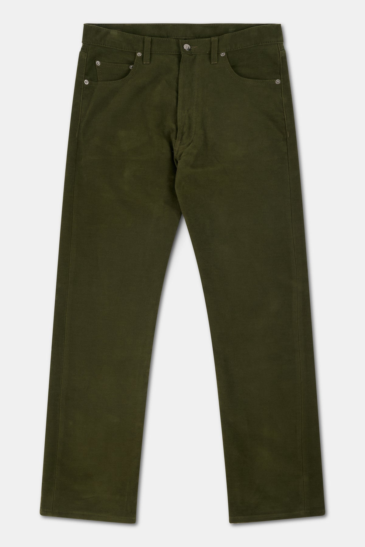 Green moleskin jeans on a white background