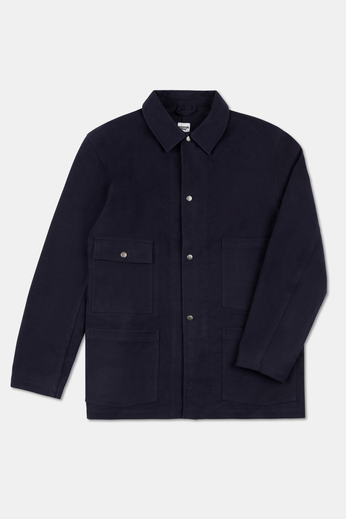 Flatlay of mens carter moleskin chore jacket in navy.