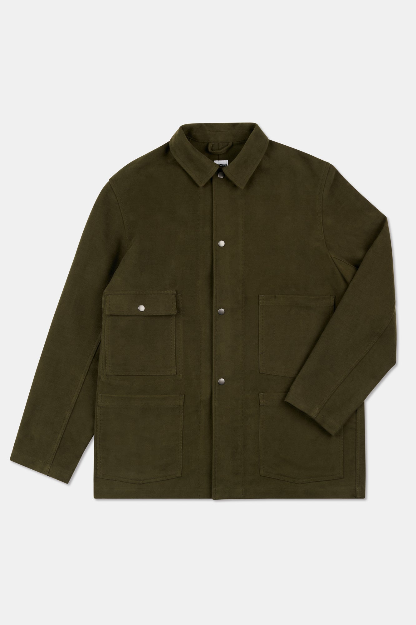 Flatlay of men's Carter moleskin chore jacket in dark olive.