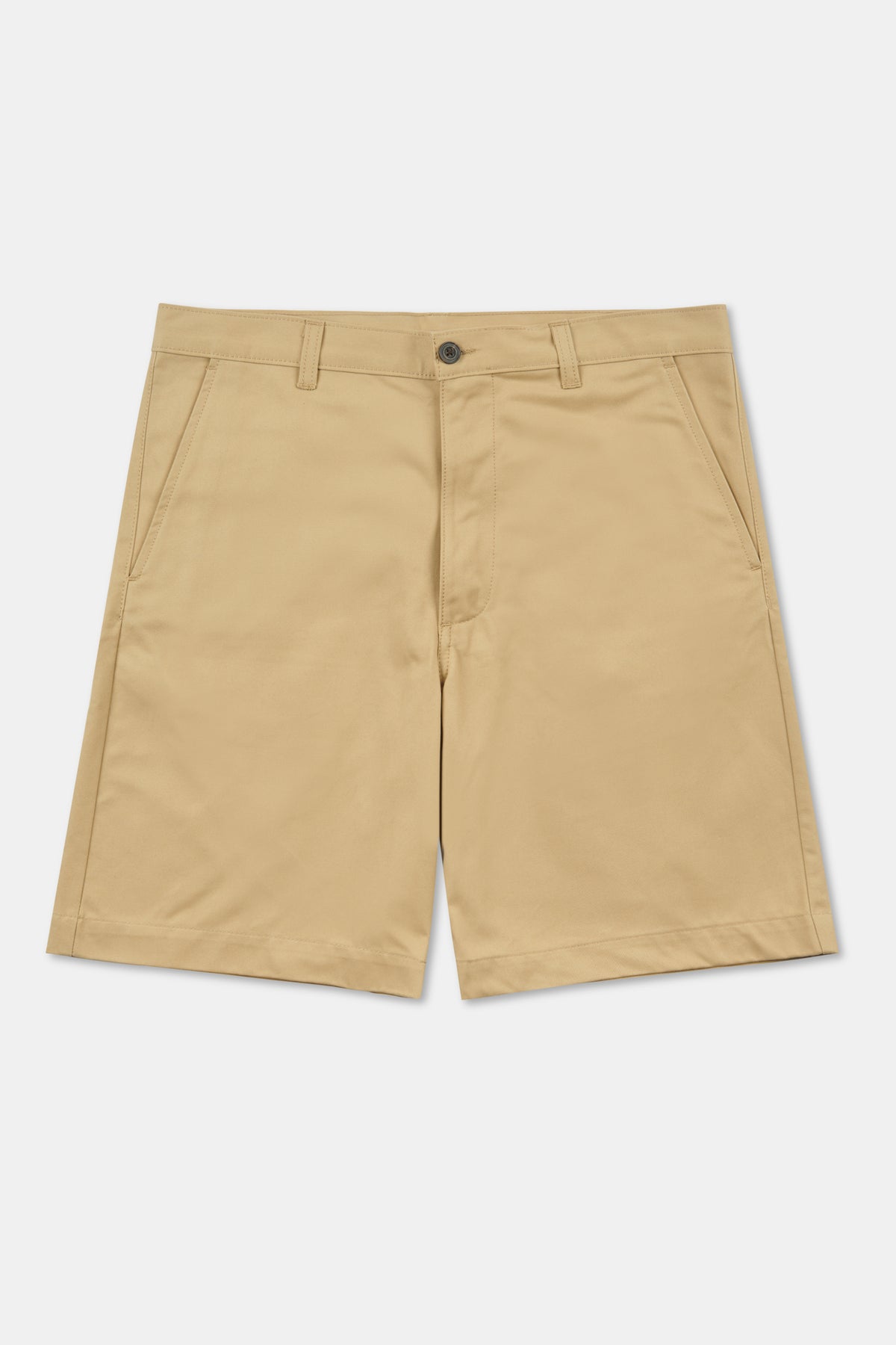 Stone coloured classic chino shorts on pale grey background
