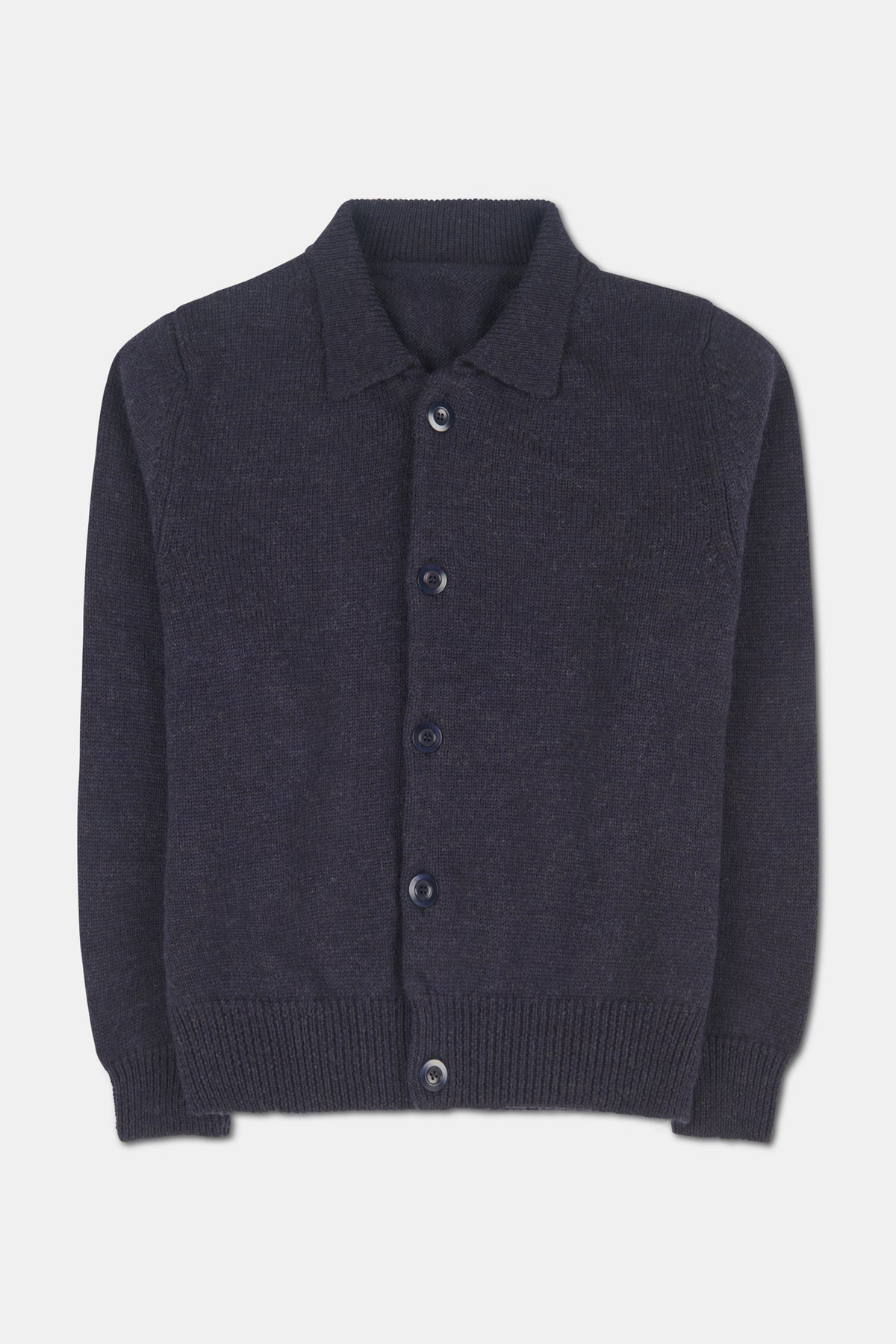 navy, collared, button up cardigan on white background.