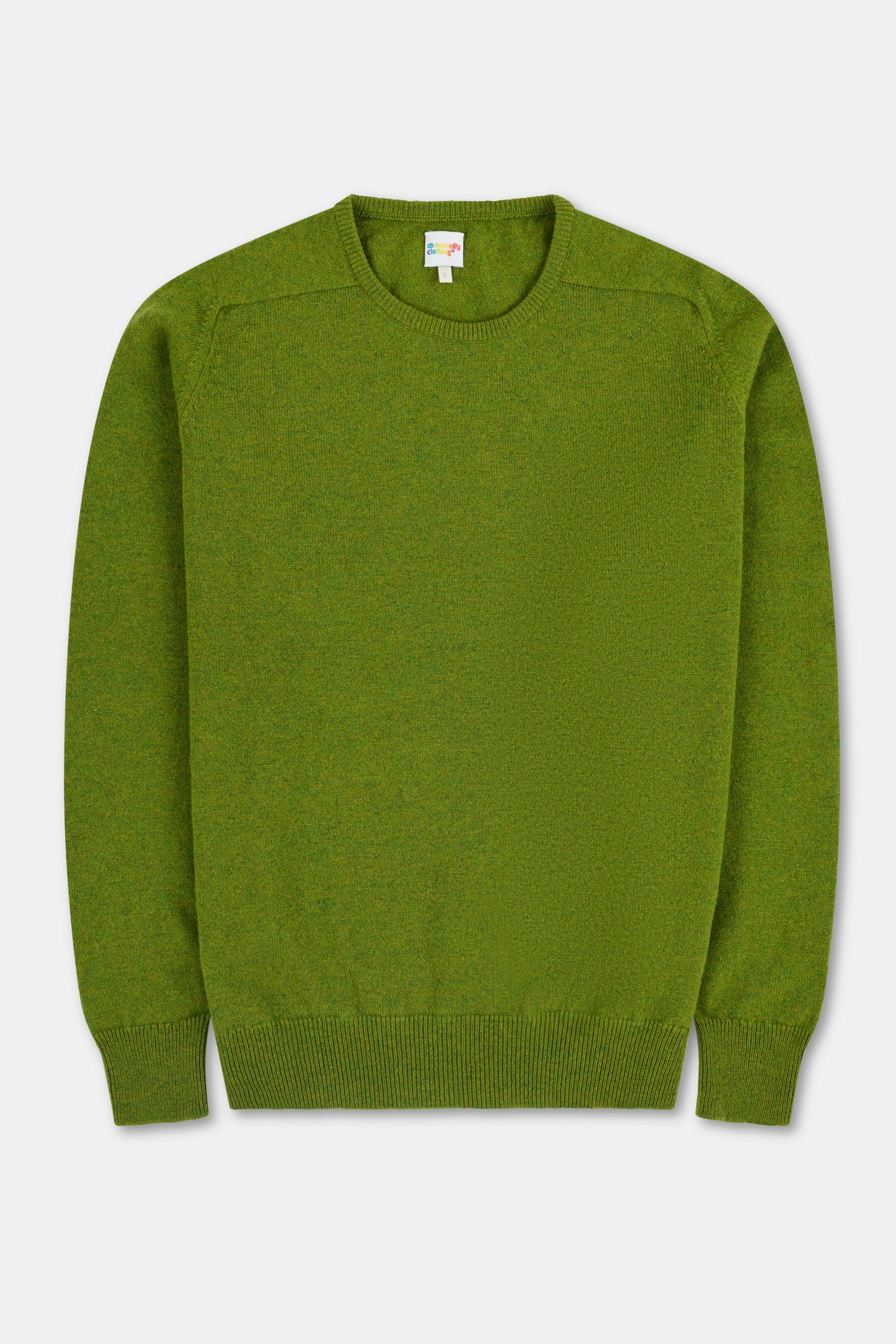 Flatlay of green lambswool crew neck sweater.