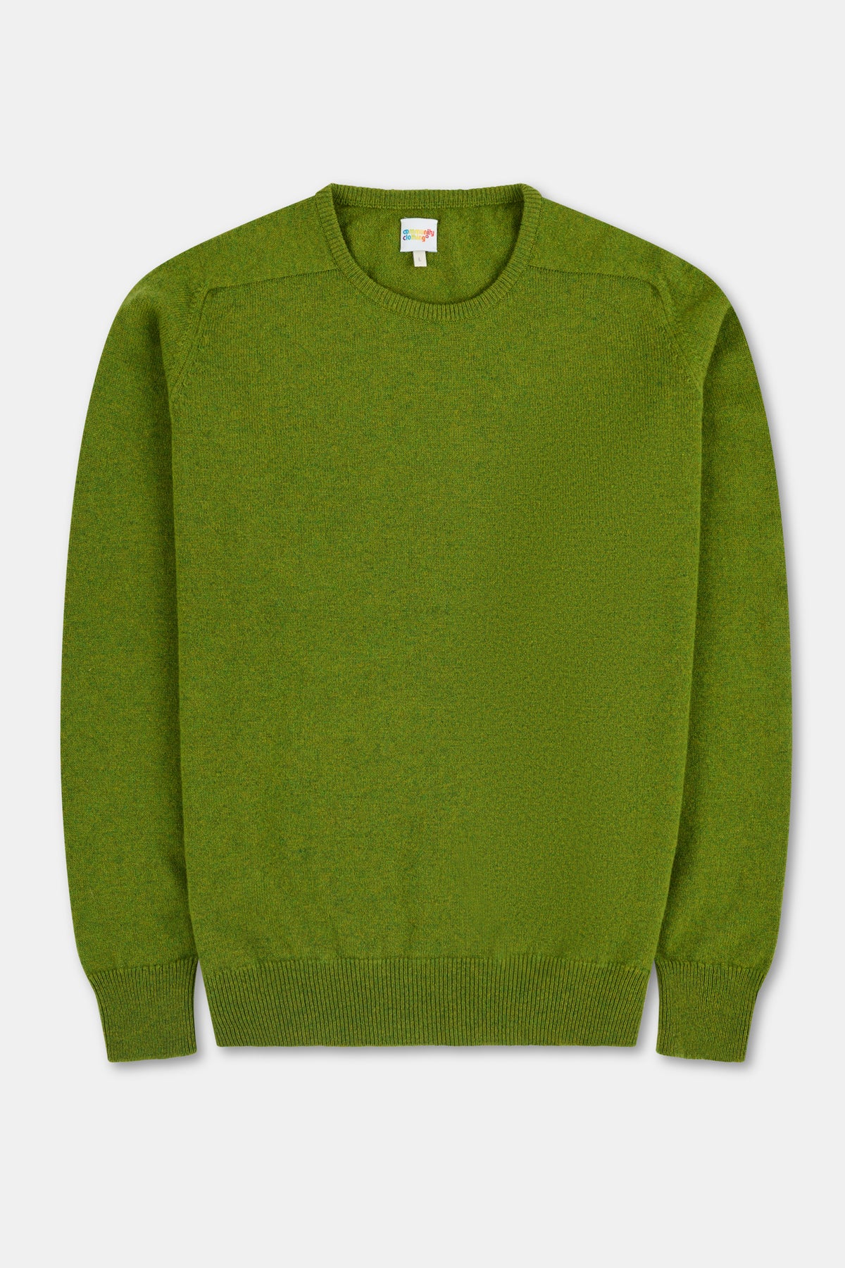 Flatlay of green lambswool crew neck sweater.