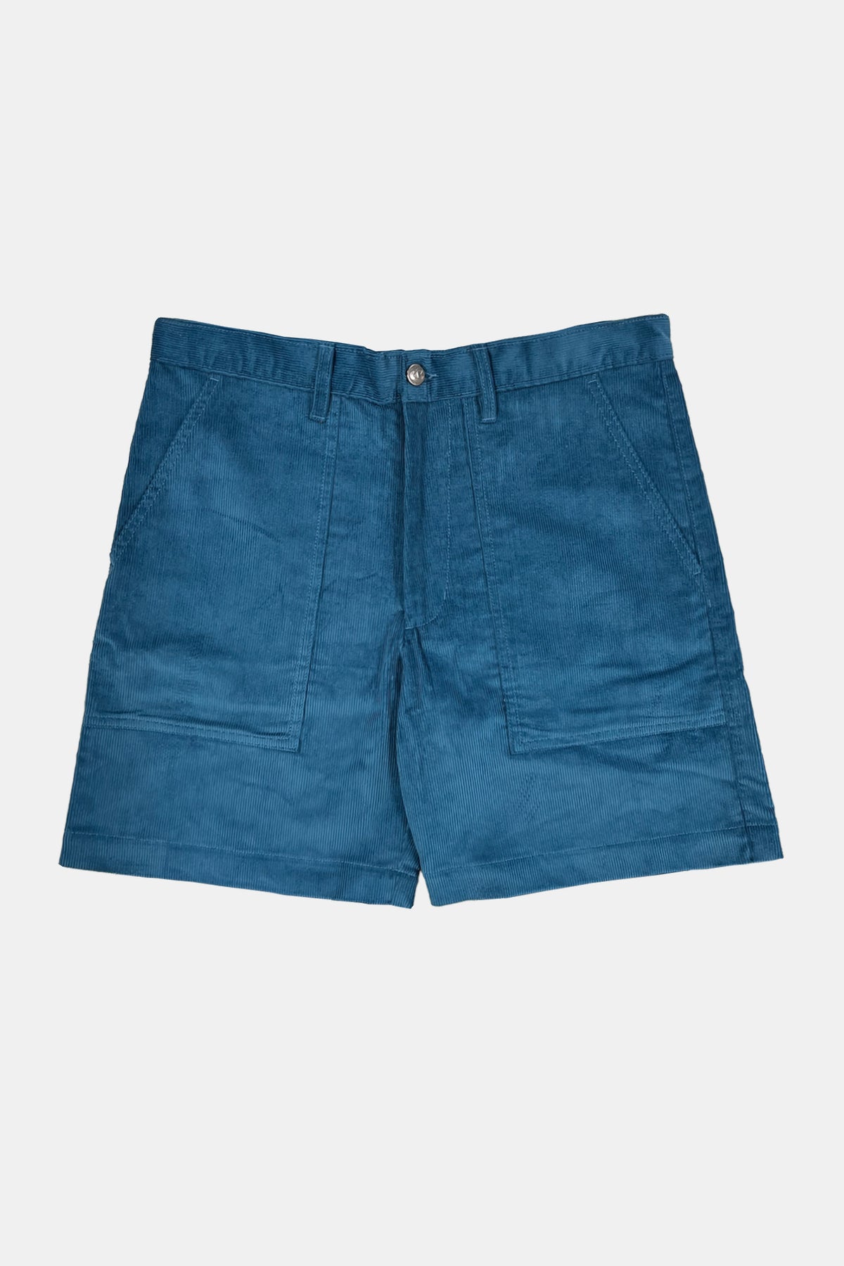 A pair of blue corduroy shorts with a button closure and front pockets, laid flat against a white background.