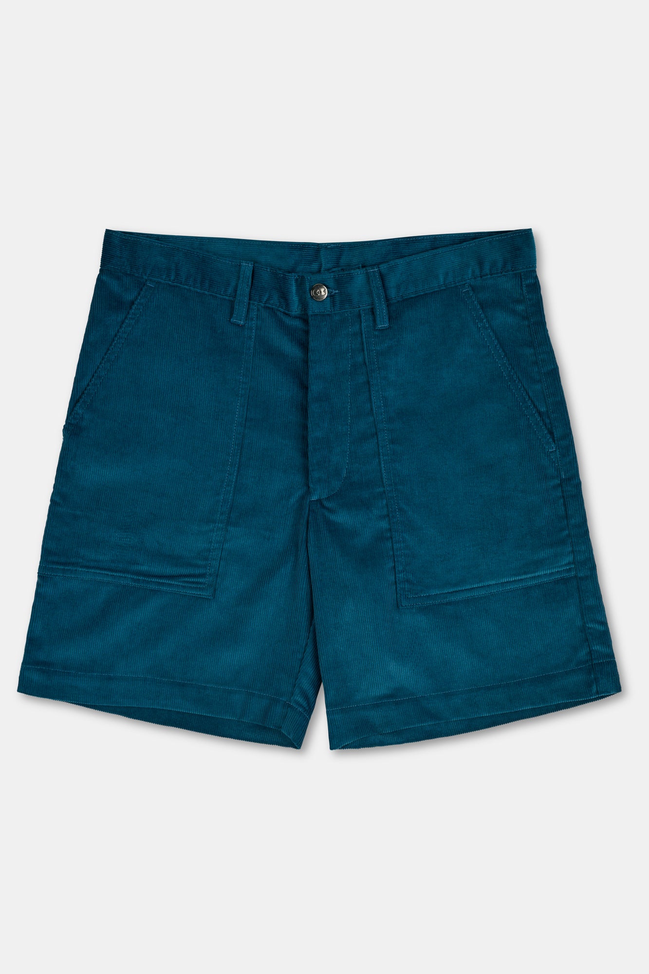 A pair of blue corduroy shorts with a button closure and front pockets, laid flat against a white background.