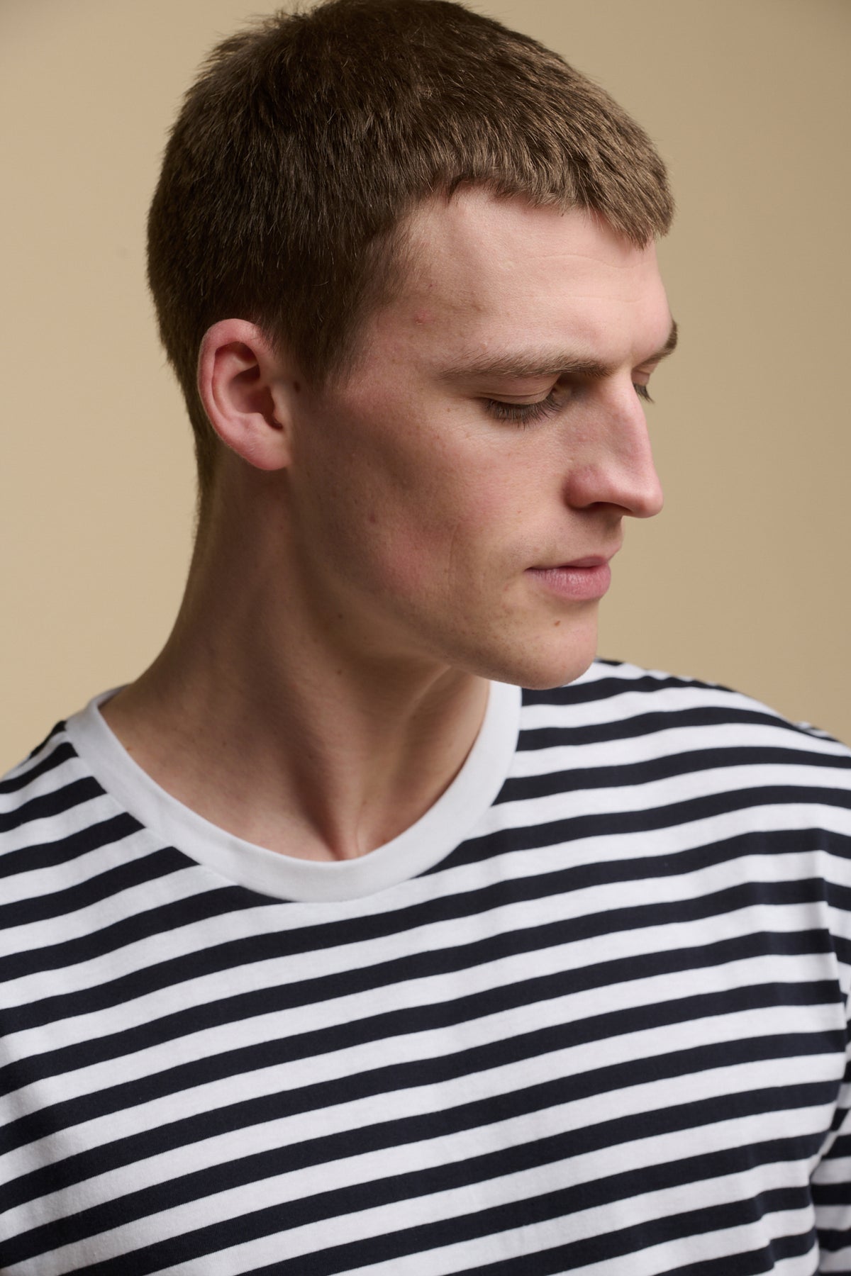 
            Portrait of male wearing short sleeve stripe t shirt in navy white 