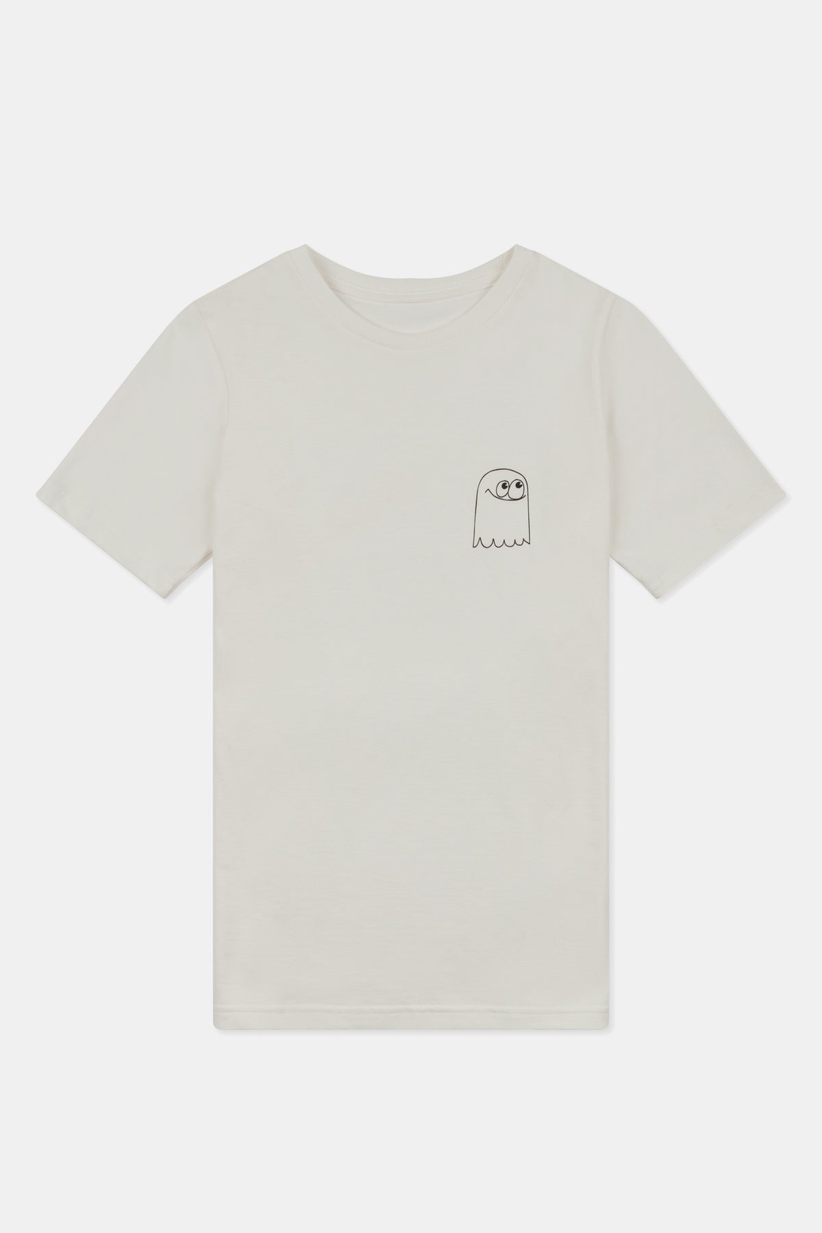 White t-shirt with a small graphic on a white background