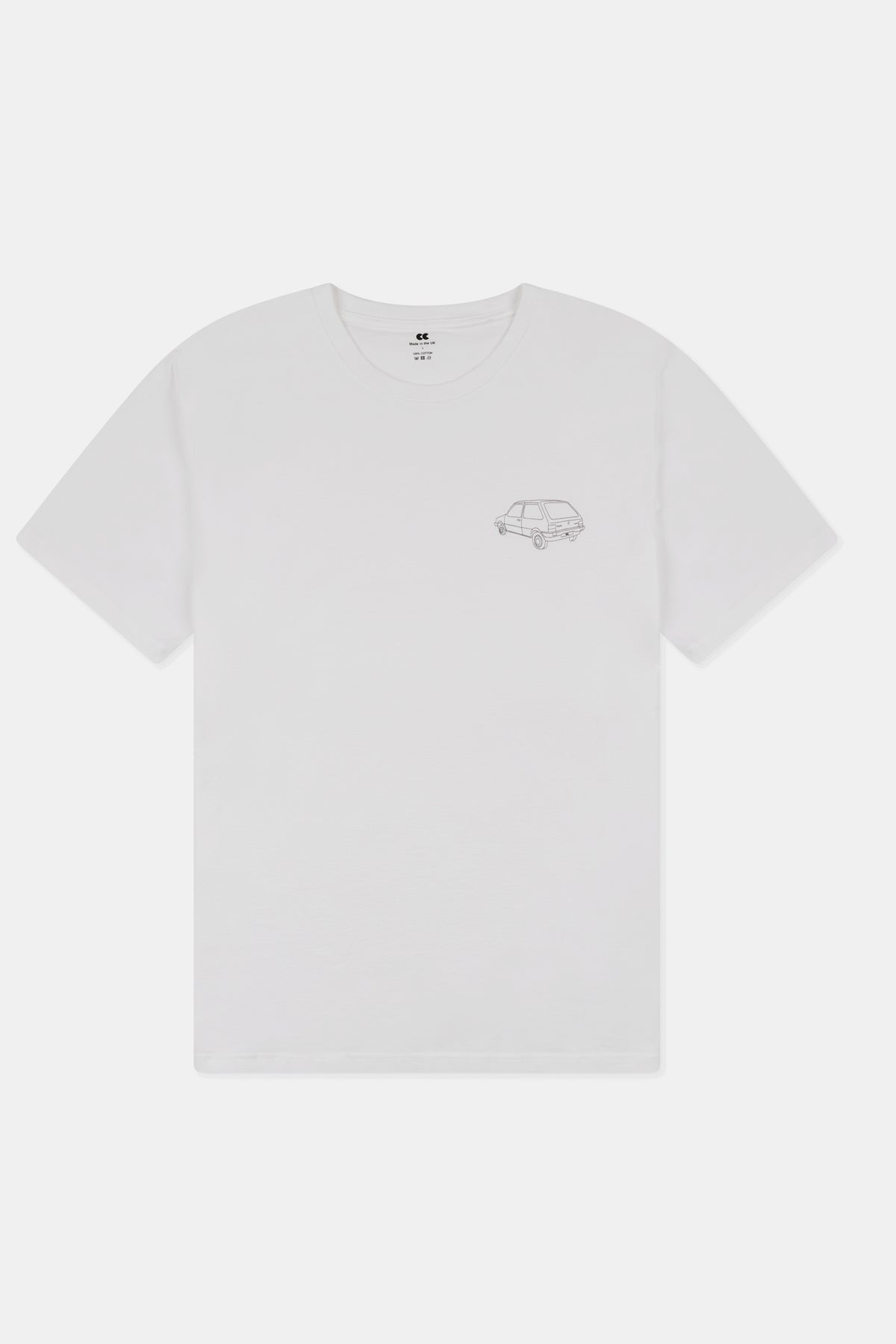 White t shirt with a small car graphic on a white background.