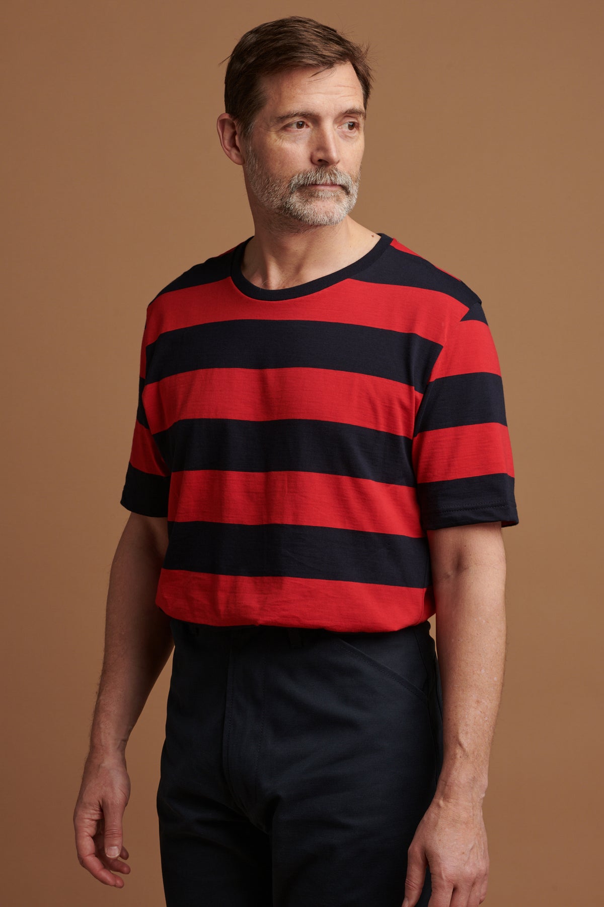 Patrick Grant wearing short sleeve wide stripe t shirt in XXL
