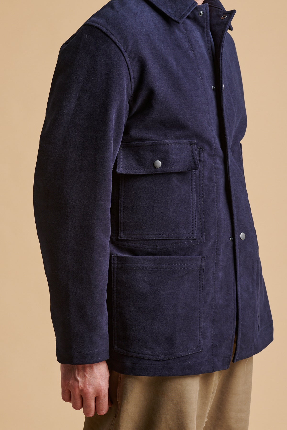 Front pocket details on Carter moleskin chore jacket.