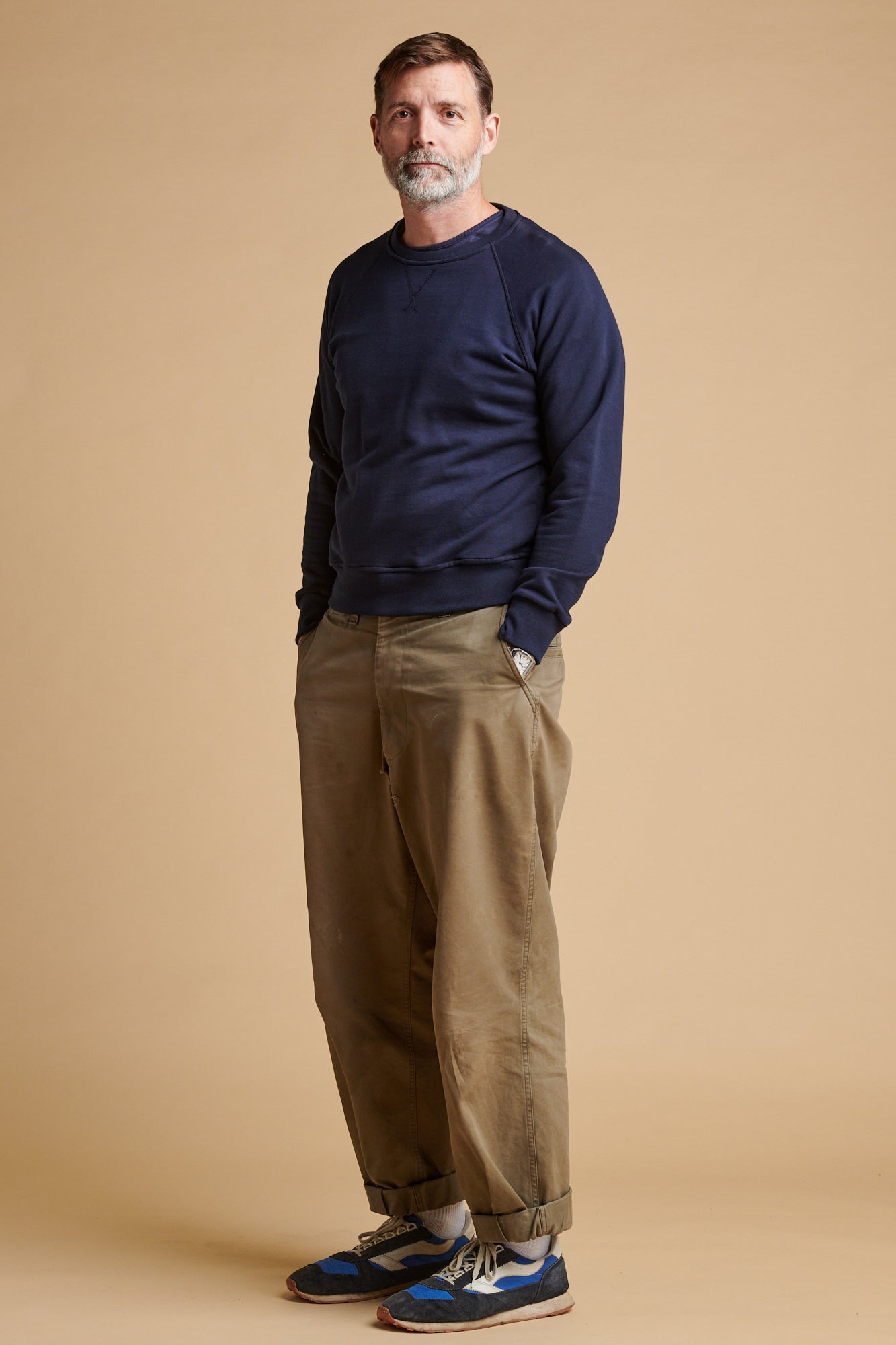 Patrick Grant in his iconic field trousers in olive.