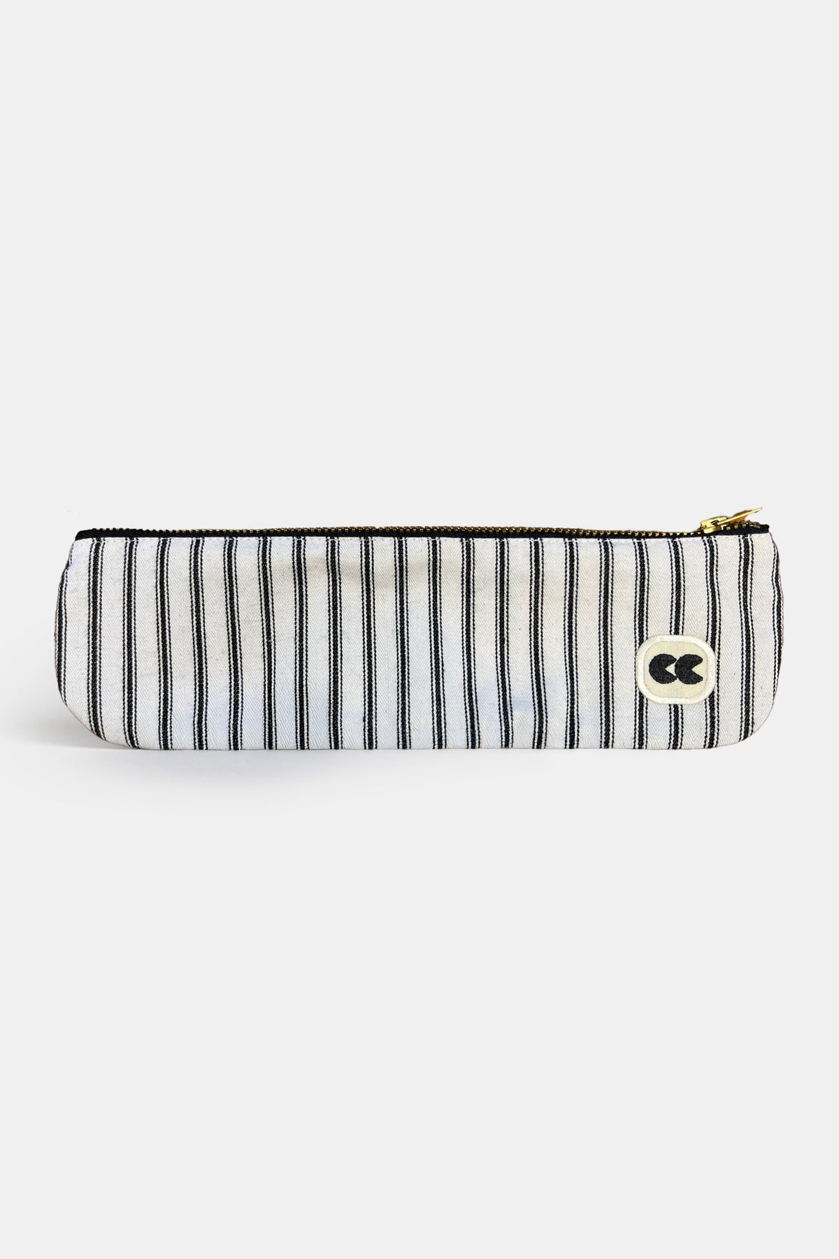 Striped pencil case with a logo on a white background