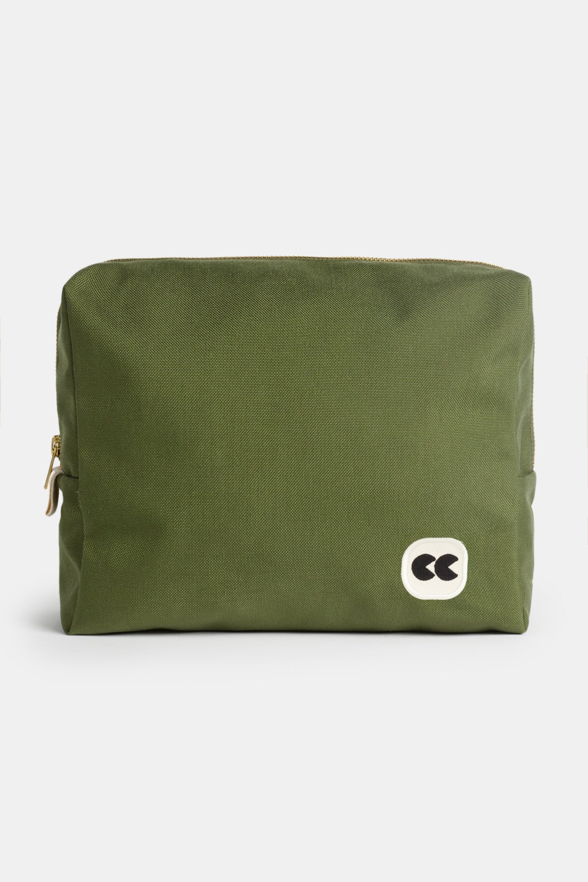 
            Image of the front of green medium sized pouch, with CC logo badge on bottom right corner.