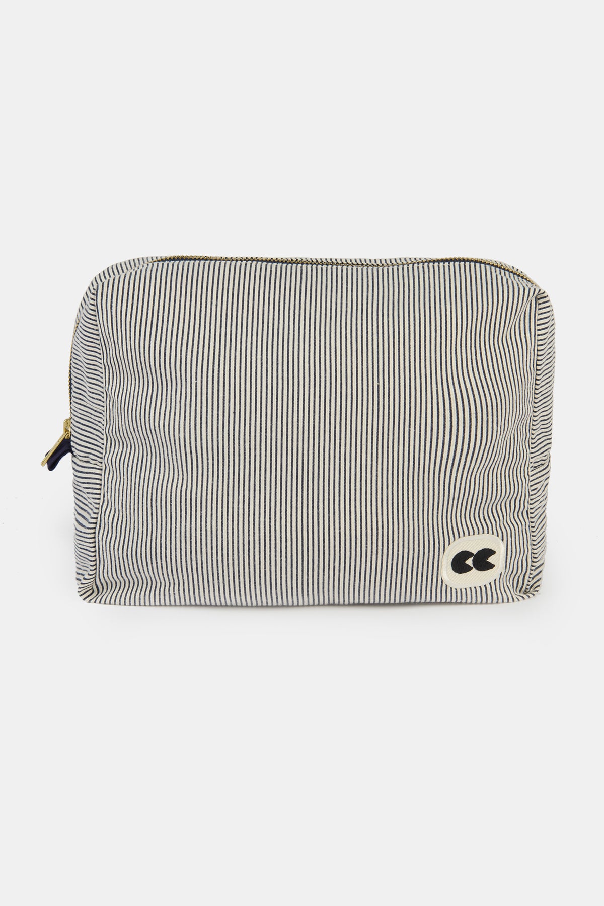 
            Front of pouch in navy and white stripe with CC logo patch in the bottom right corner 