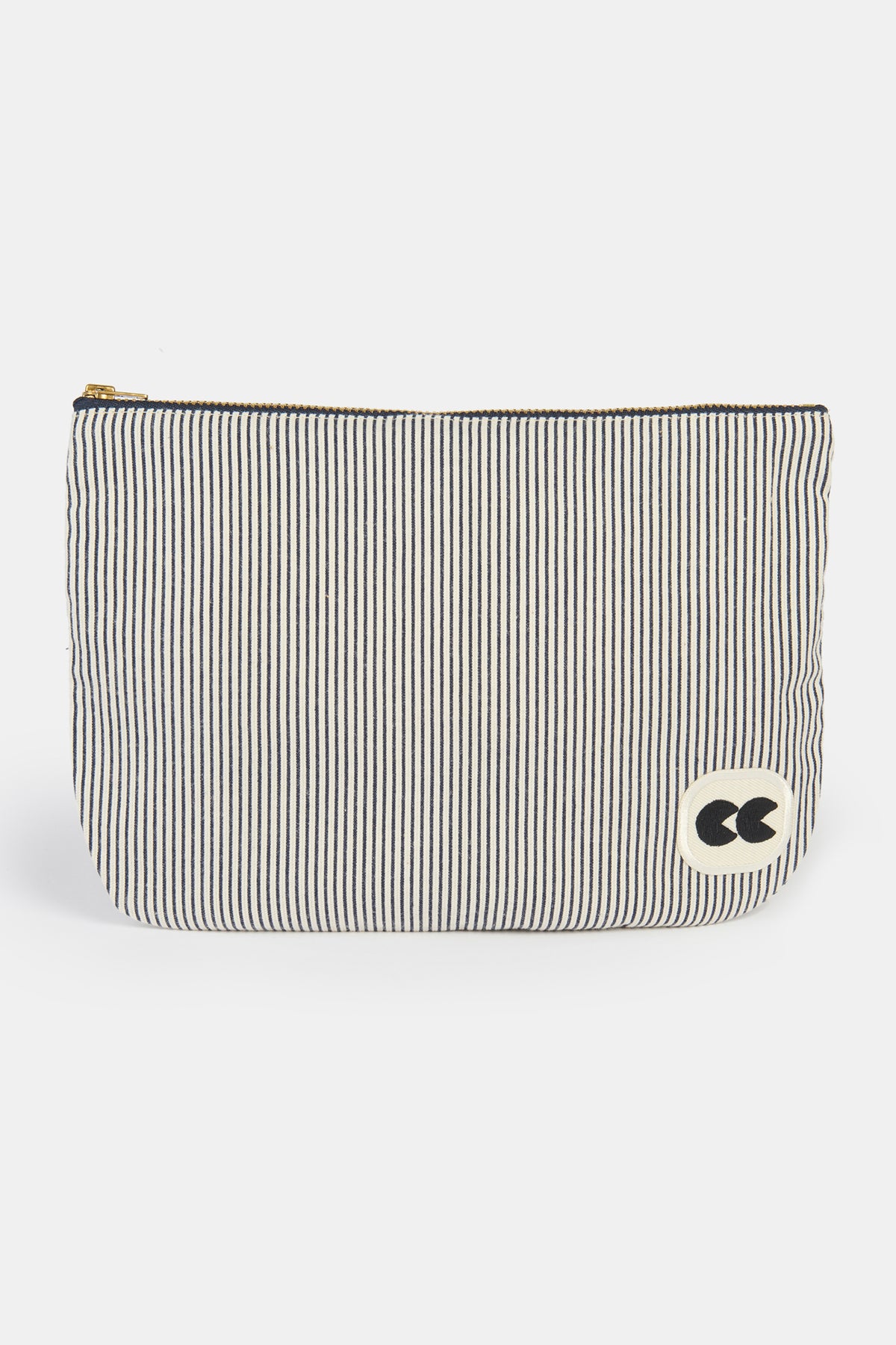 
            small pouch in navy and white stripe with black and white CC logo patch in the bottom right hand corner 