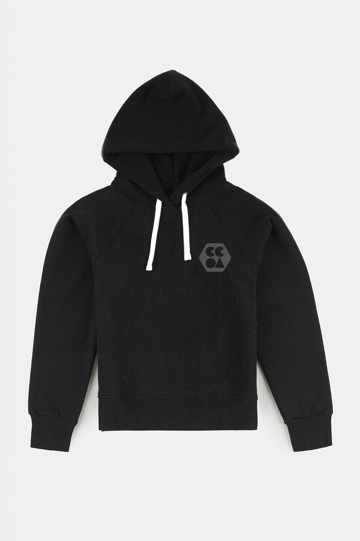 
            Flatlay product shot of male wearing hooded raglan sweatshirt in black with CCOA logo on the chest
