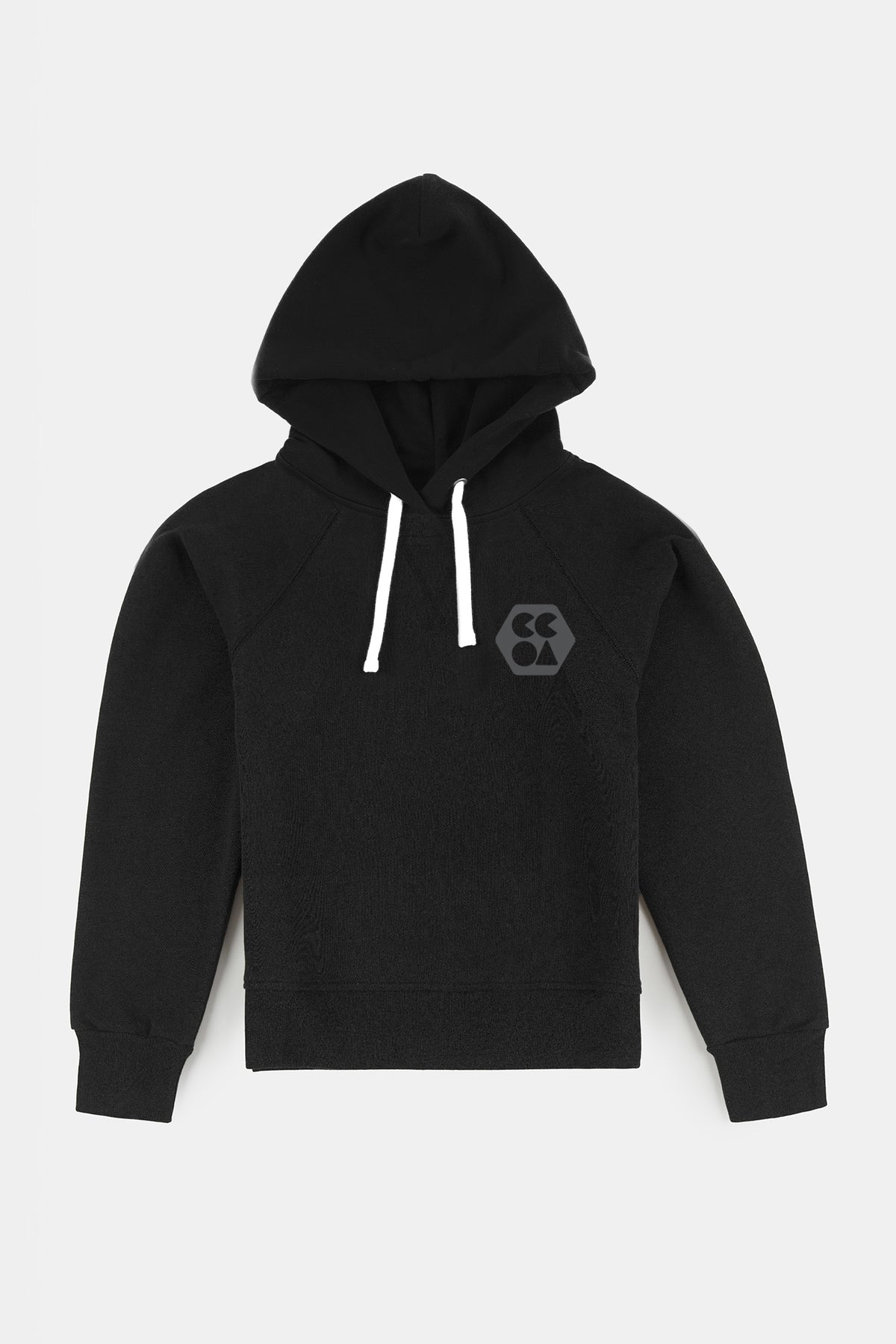 Flatlay product shot of male wearing hooded raglan sweatshirt in black with CCOA logo on the chest