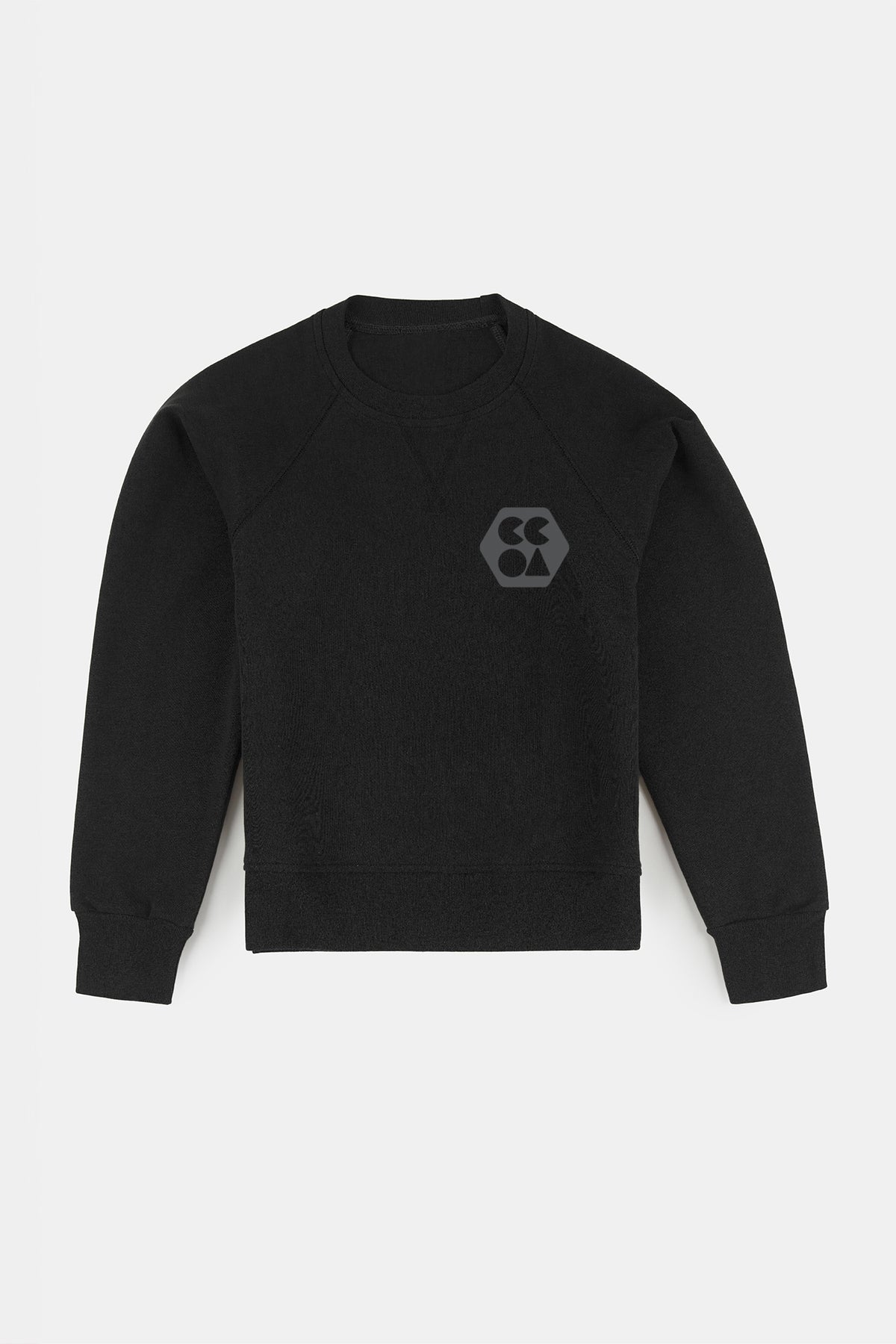 
            Flatlay product shot of men&#39;s plastic free raglan sweatshirt in black with CCOA logo on the chest