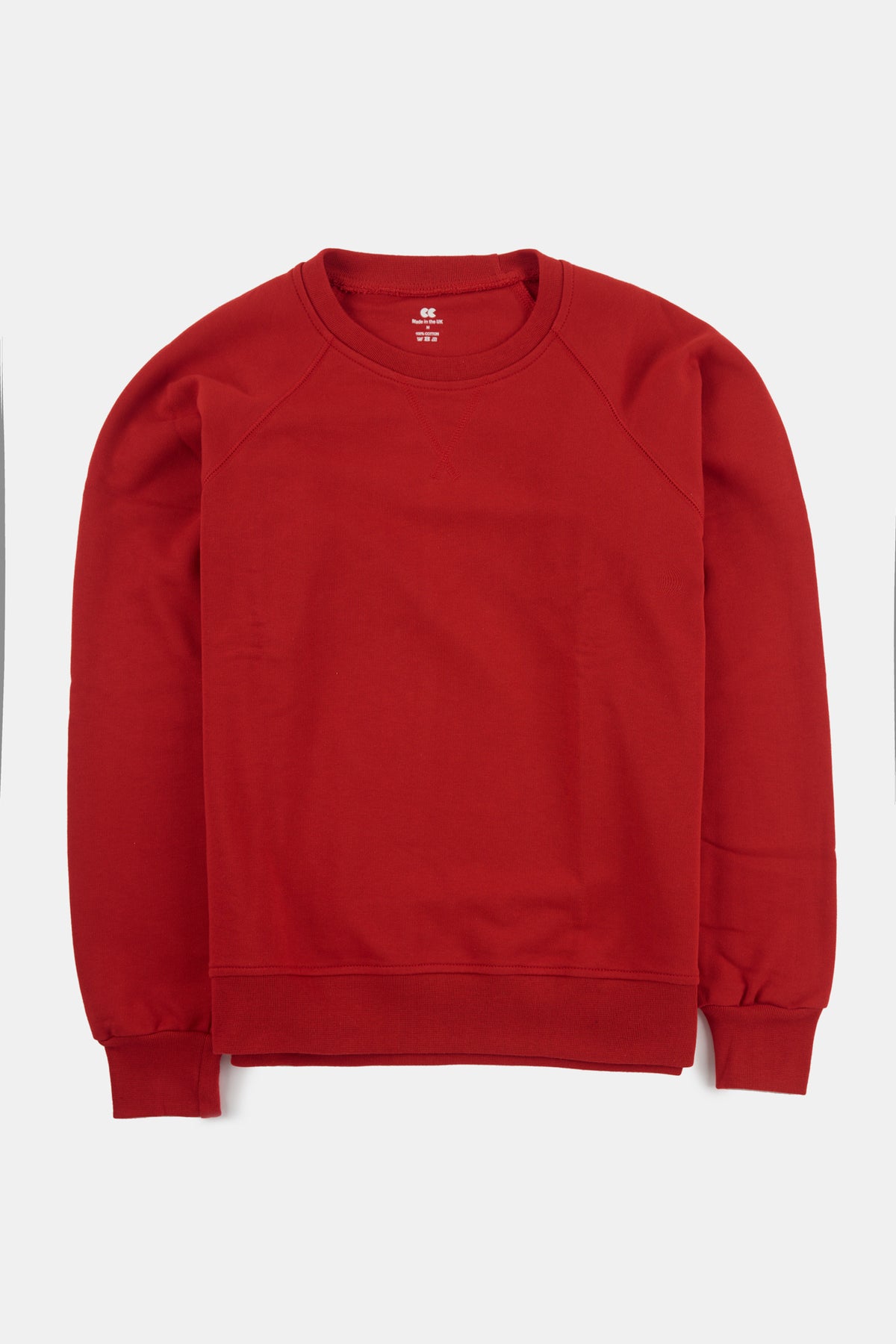 
            Flatlay shot of men&#39;s raglan sweatshirt in crimson
