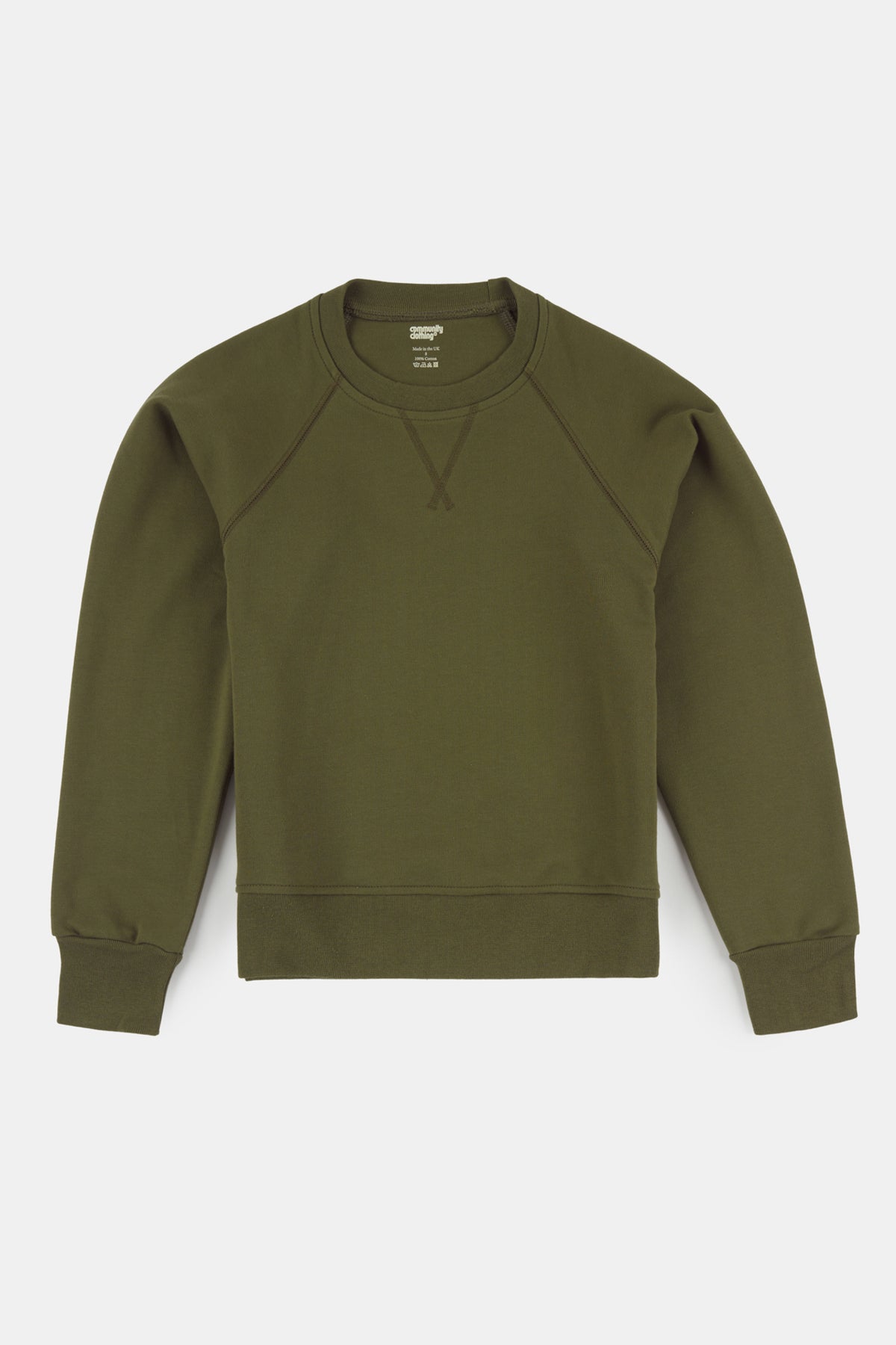 
            Flatlay shot of women&#39;s raglan sweatshirt in olive