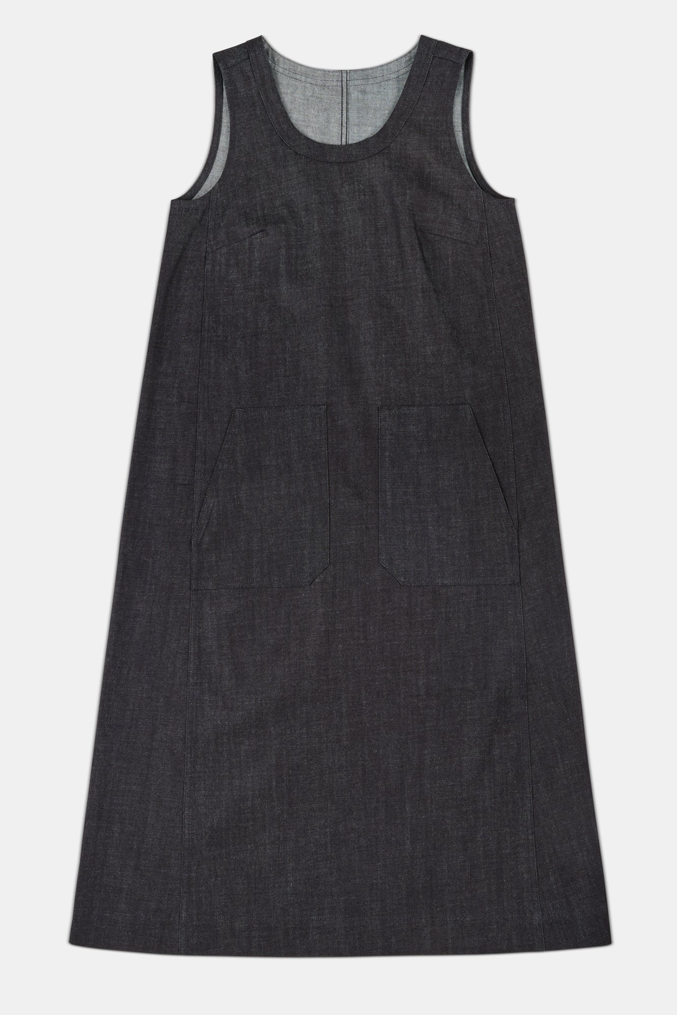 Indigo sleeveless dress on a white background