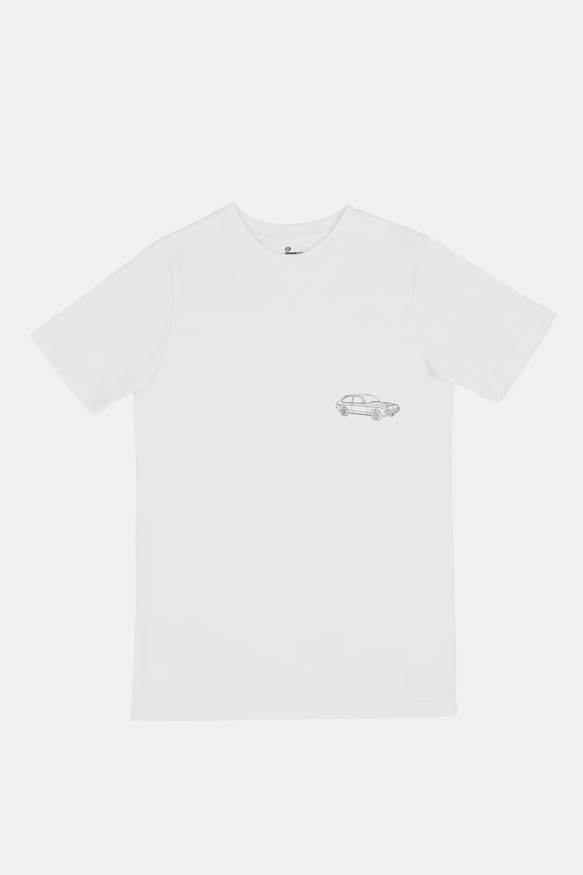 White t shirt with a small car print on a white background