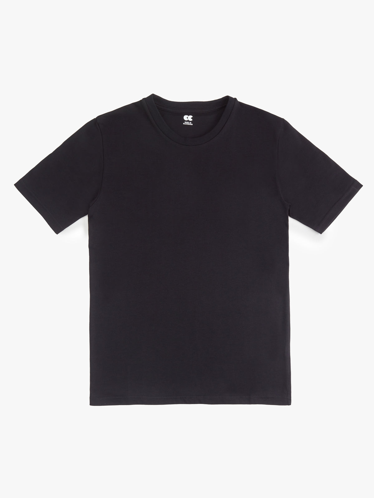 
            Flatlay product shot of short sleeve t shirt in black