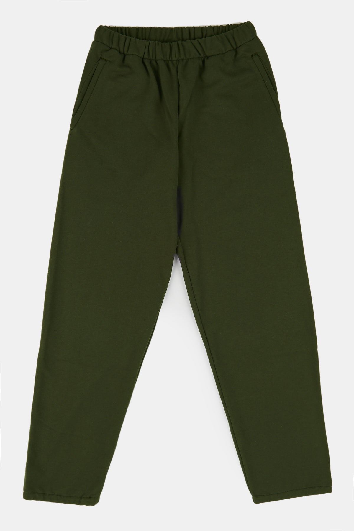 Flatlay product shot of women's sweatpants in olive