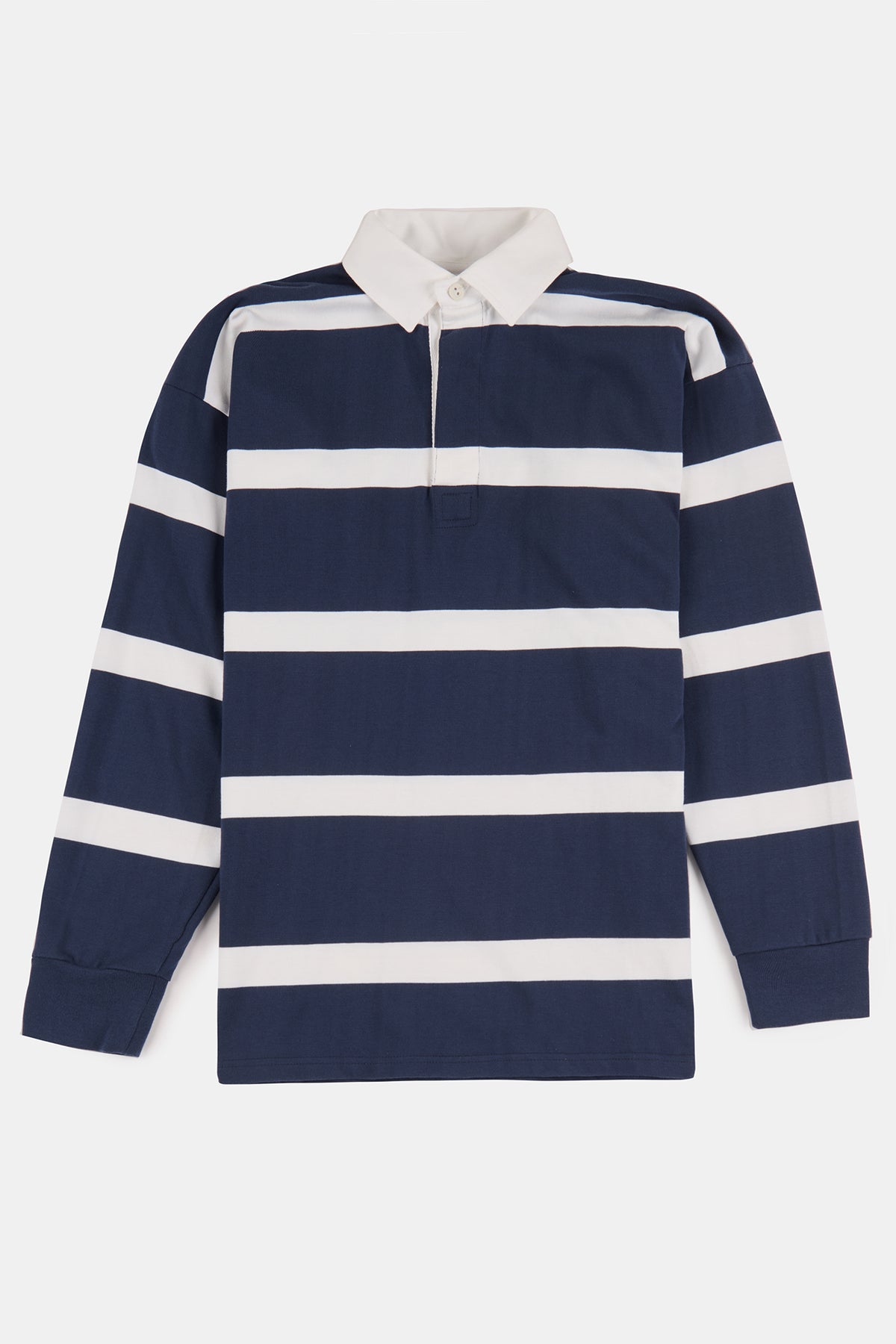 
            Flatlay product shot of unisex fine striped rugby shirt in navy and white
