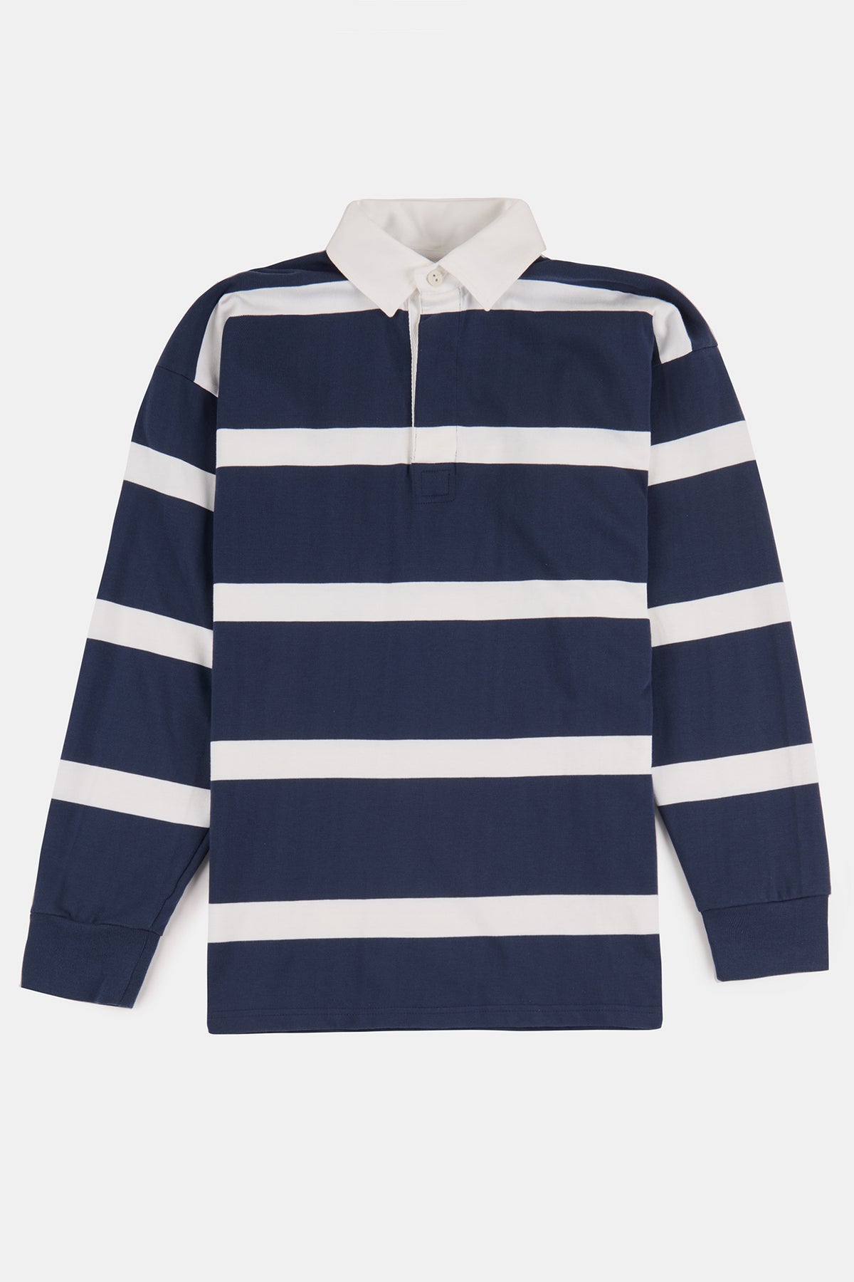 Flatlay product shot of unisex fine striped rugby shirt in navy and white