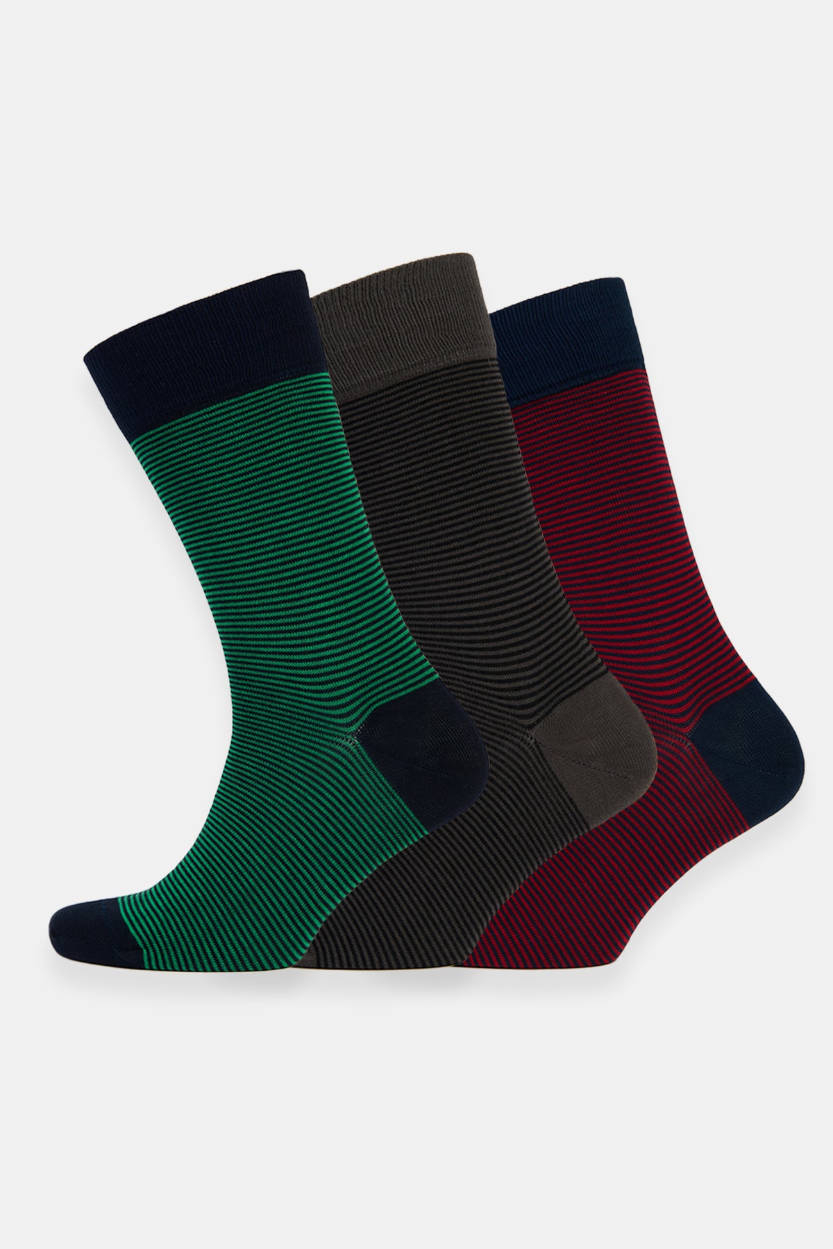 
            Everyday Cotton Sock Fine Stripe 3 Pack - Green/Grey/Red