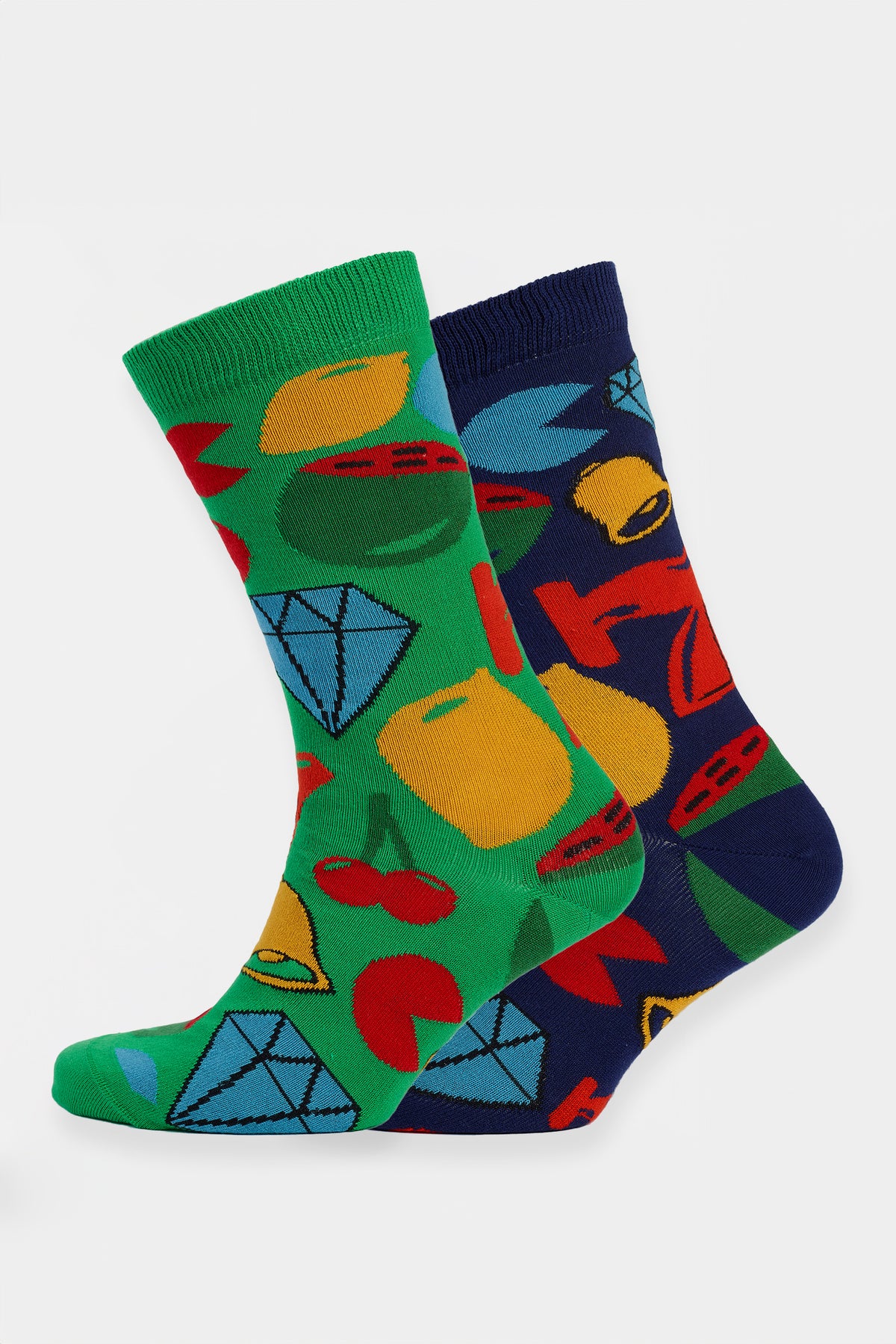 
            Green and blue sock with fruit machine pattern