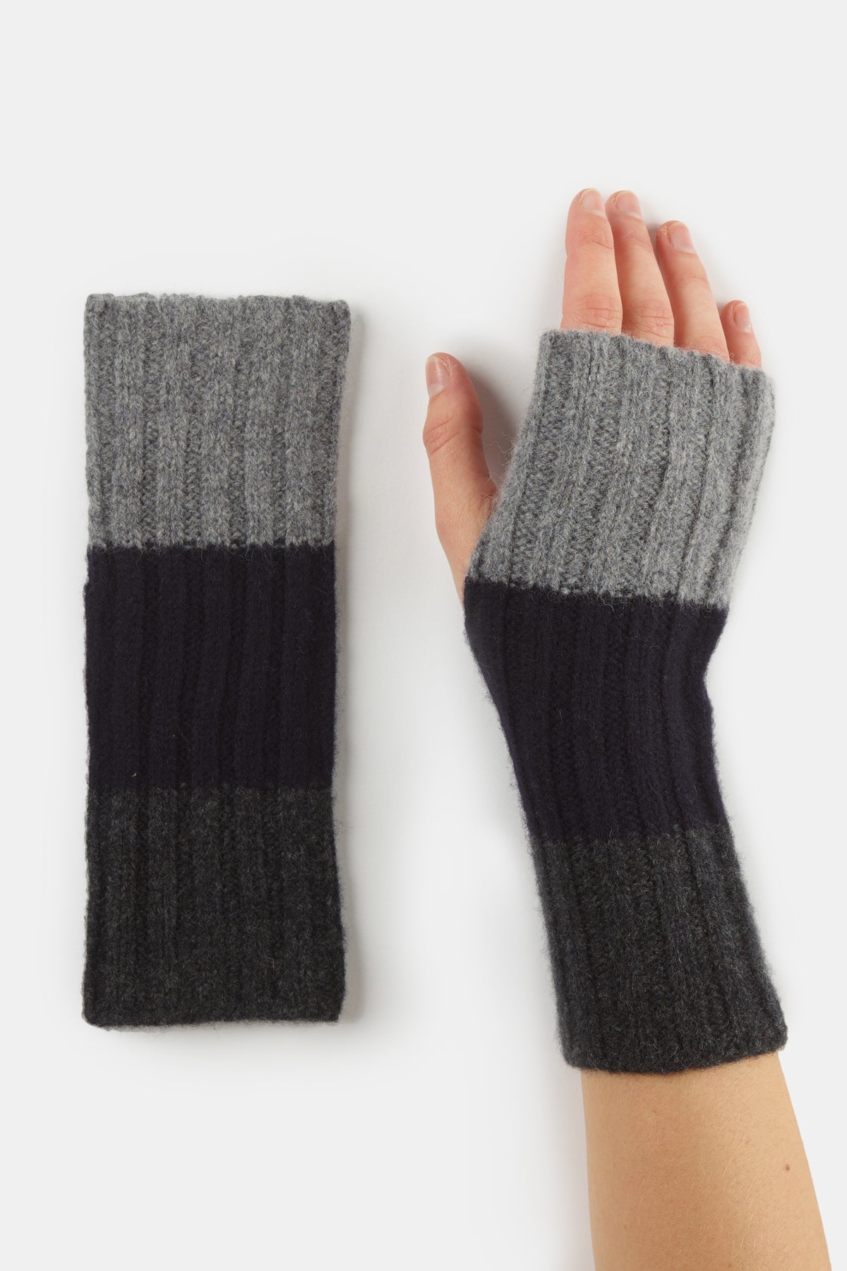 
            Unisex lambswool stripe fingerless glove grey charcoal navy on hand