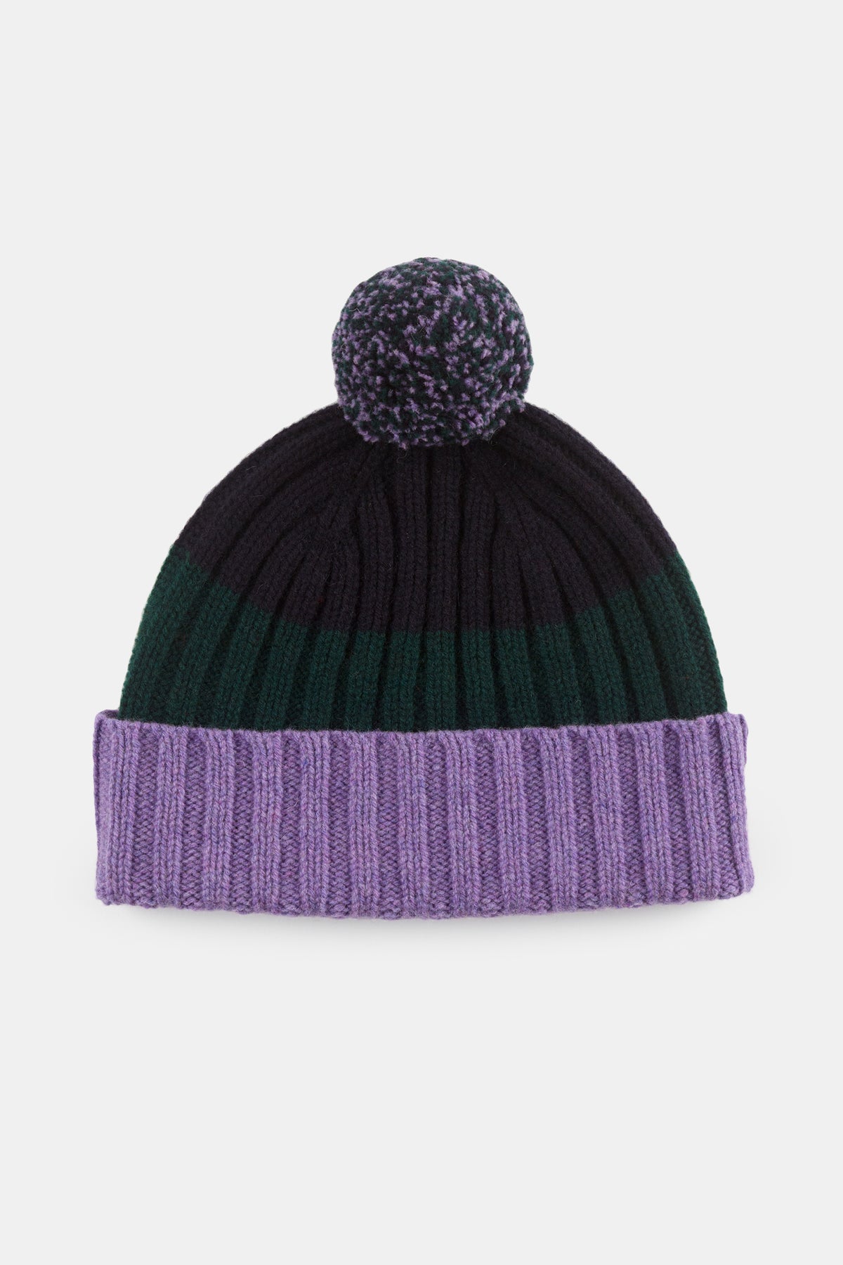 
            unisex lamsbwool stripe hat navy purple green flatlay