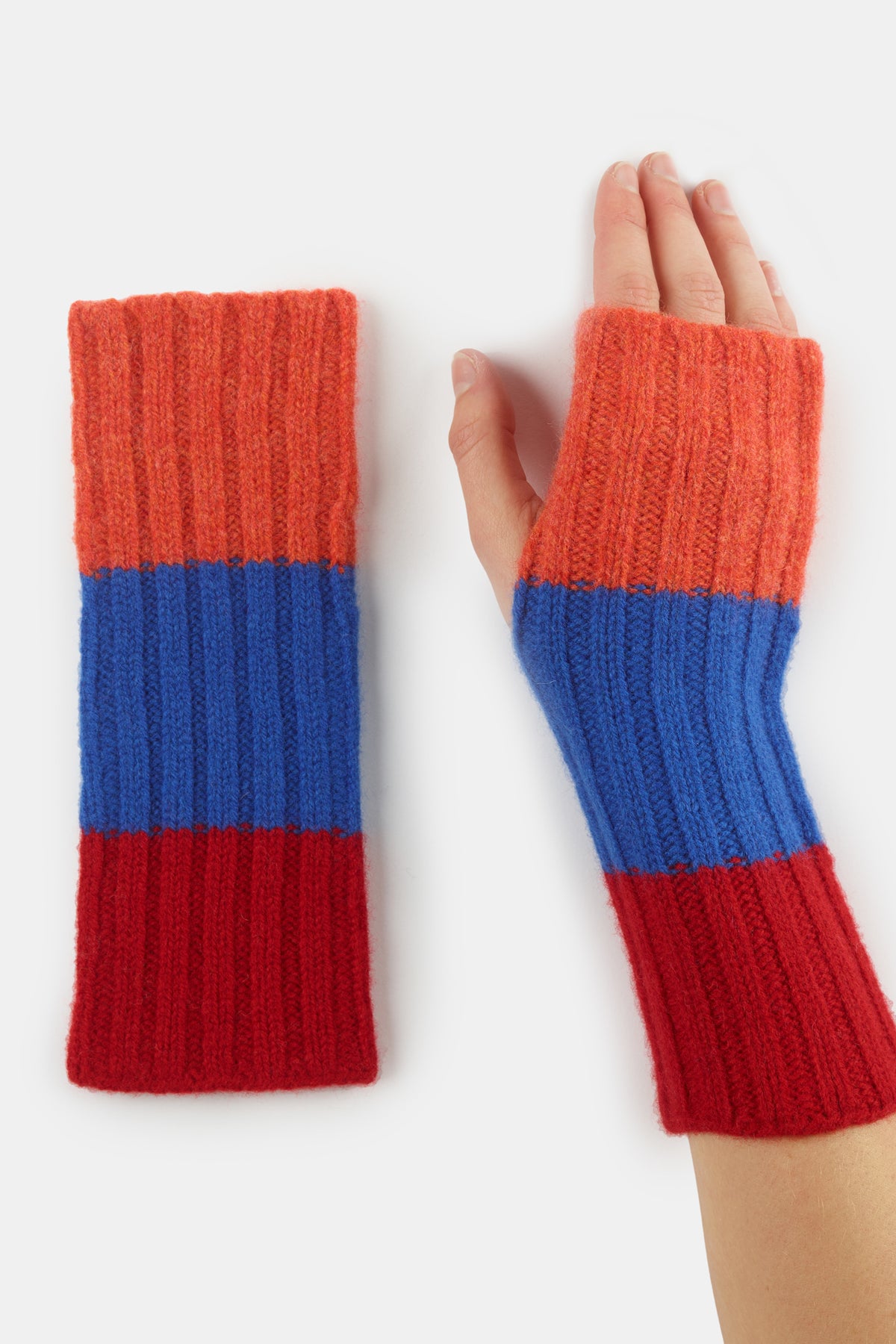 
            Unisex Lamsbwool Stripe Fingerless Glove Red Blue Orange on Hand