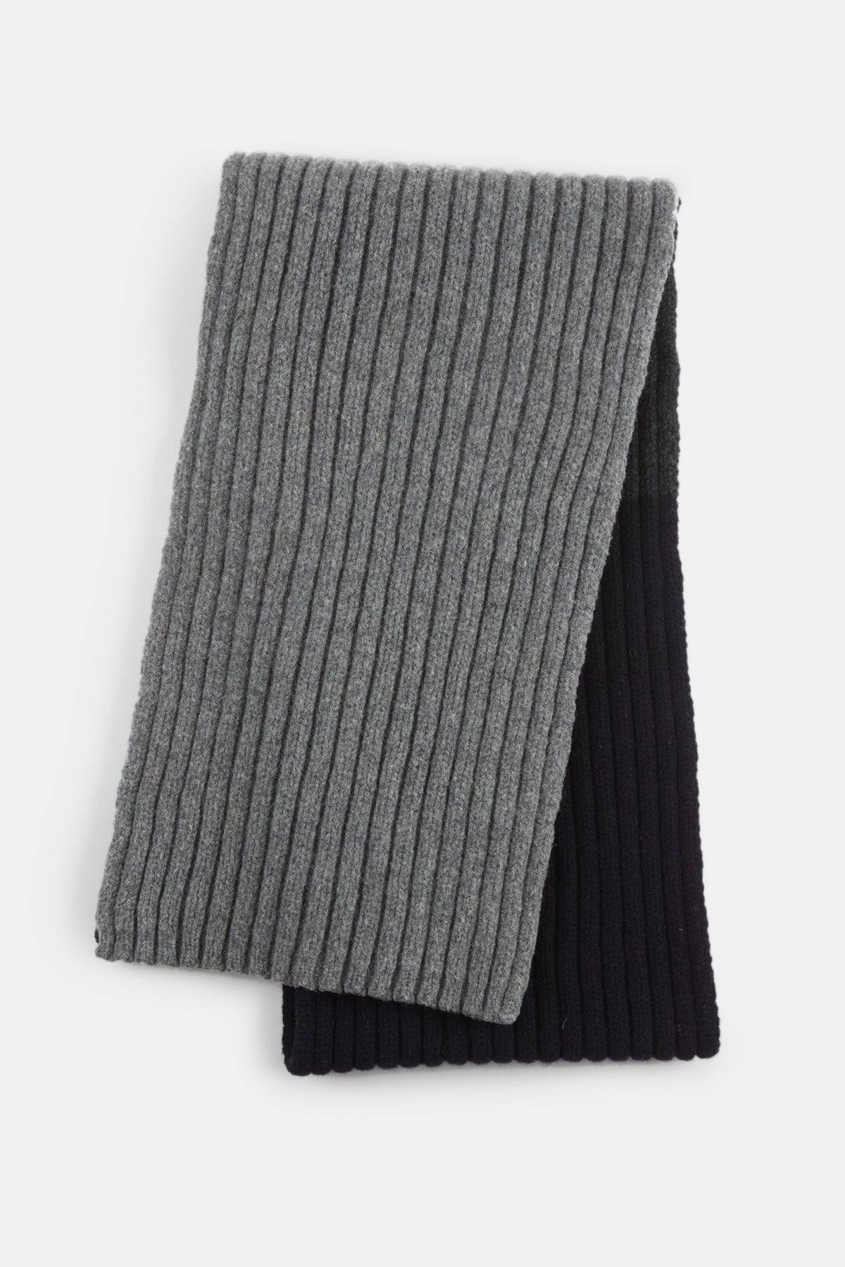 
            unisex lambswool stripe scarf grey charcoal navy flatlay reverse