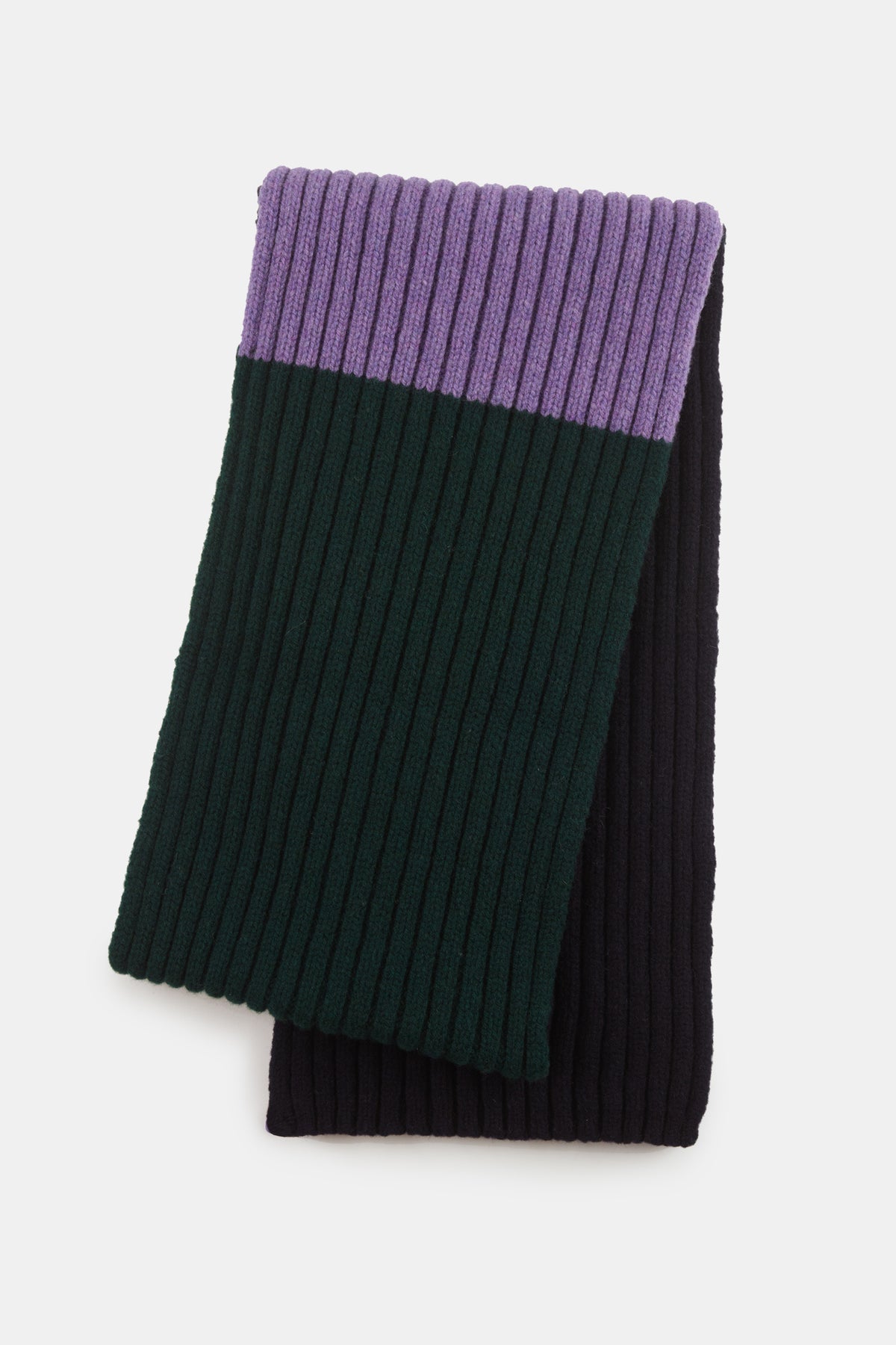 
            Unisex lambswool stripe scarf navy green purple flatlay