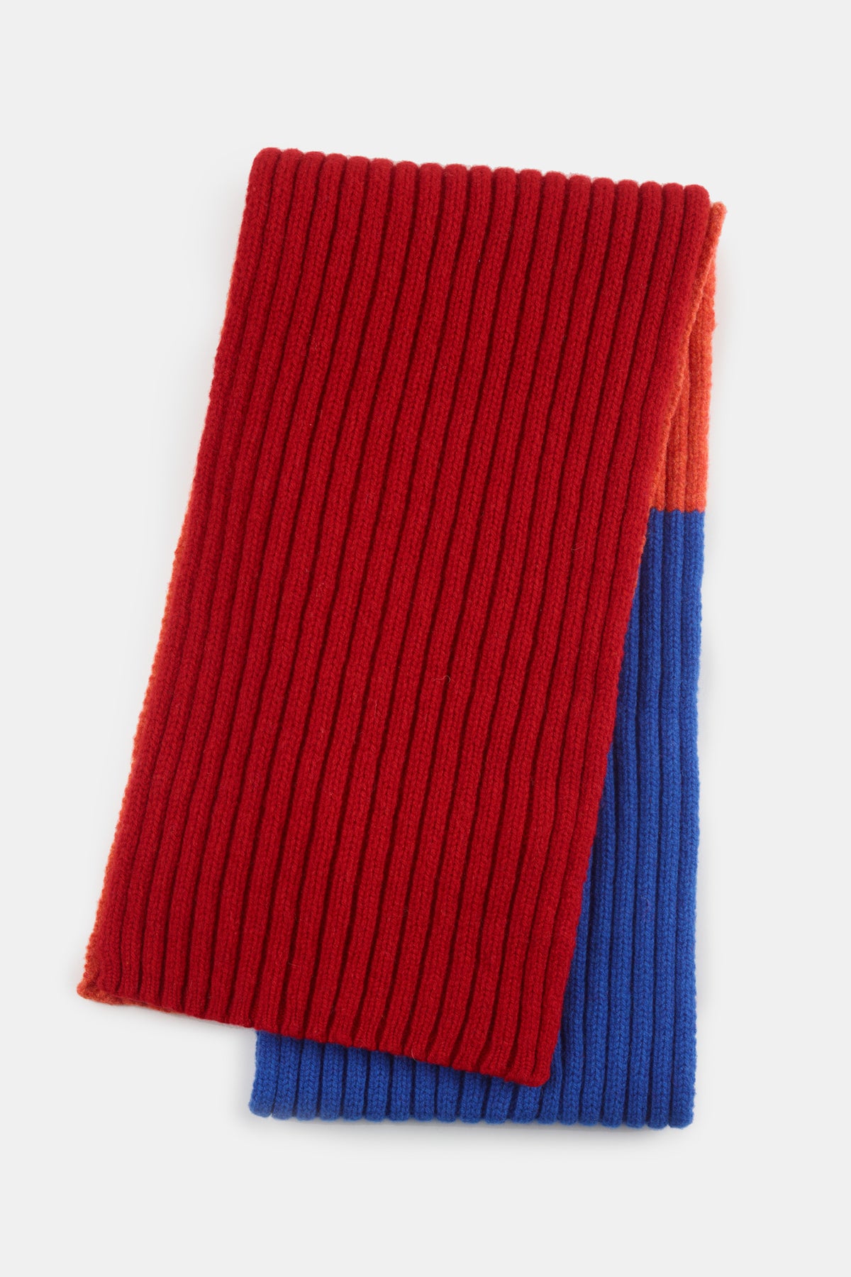 
            Unisex lambswool stripe scarf red blue orange flatlay reverse