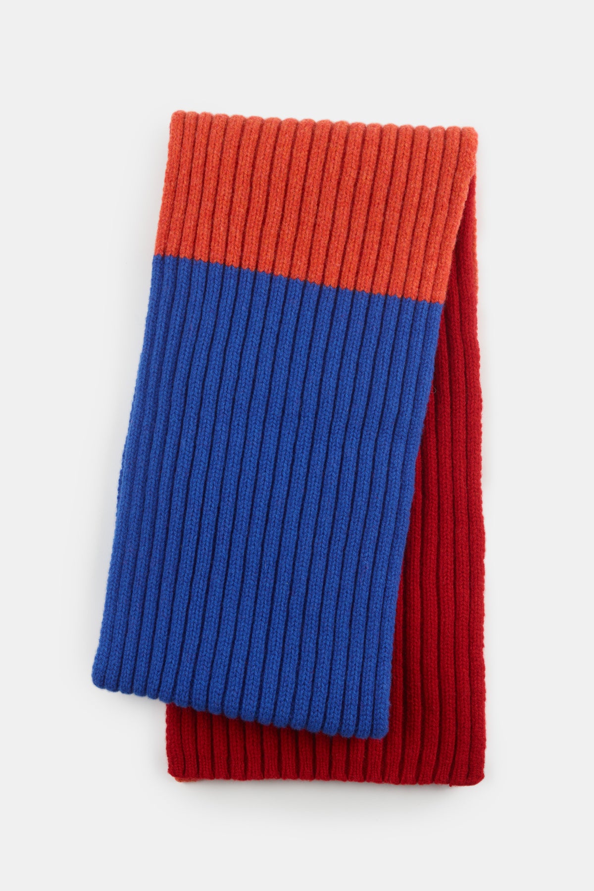 
            Unisex lambswool stripe scarf red blue orange flatlay