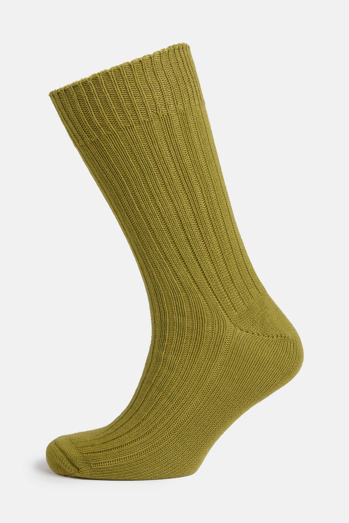 Ghost mannequin shot of a community clothing premium ribbed cotton sock in Olive.