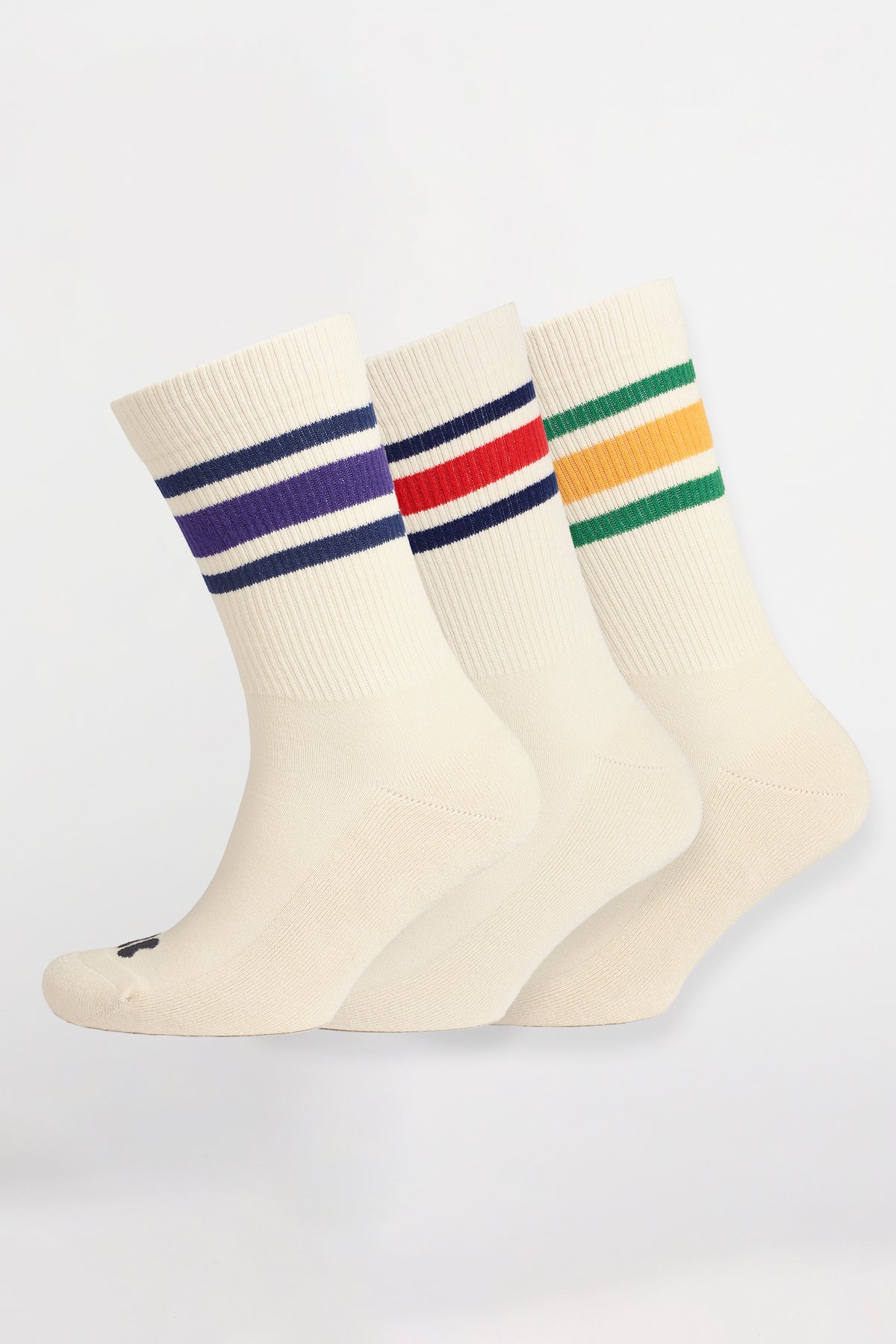 
            Product shot showing 3 pack of sport calf socks in ecru/multi stripes.
