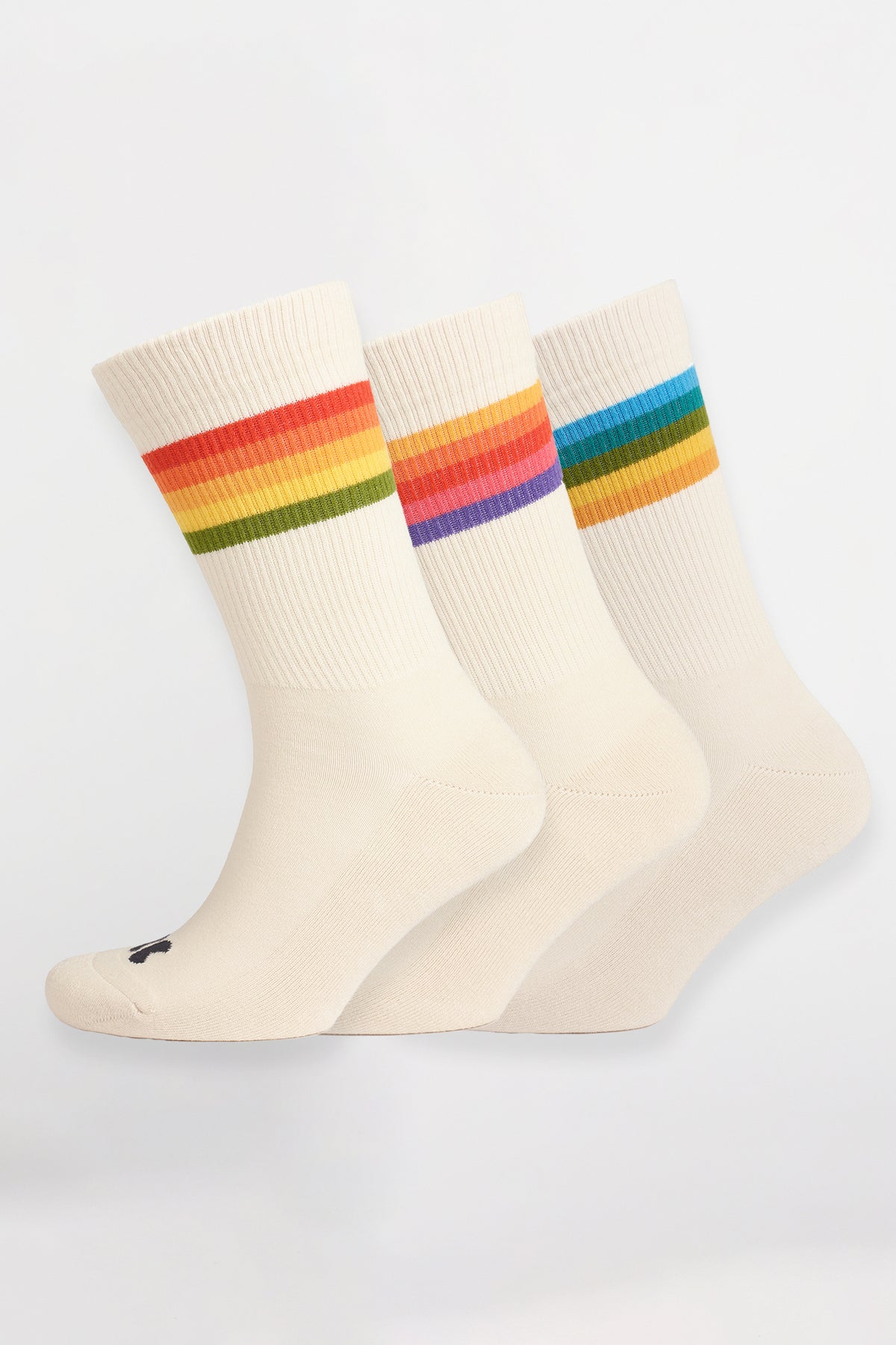 
            Product shot of sports cotton calf sock 3 pack in ecru, each pair having different rainbow coloured stripes. Black CC logo on toe