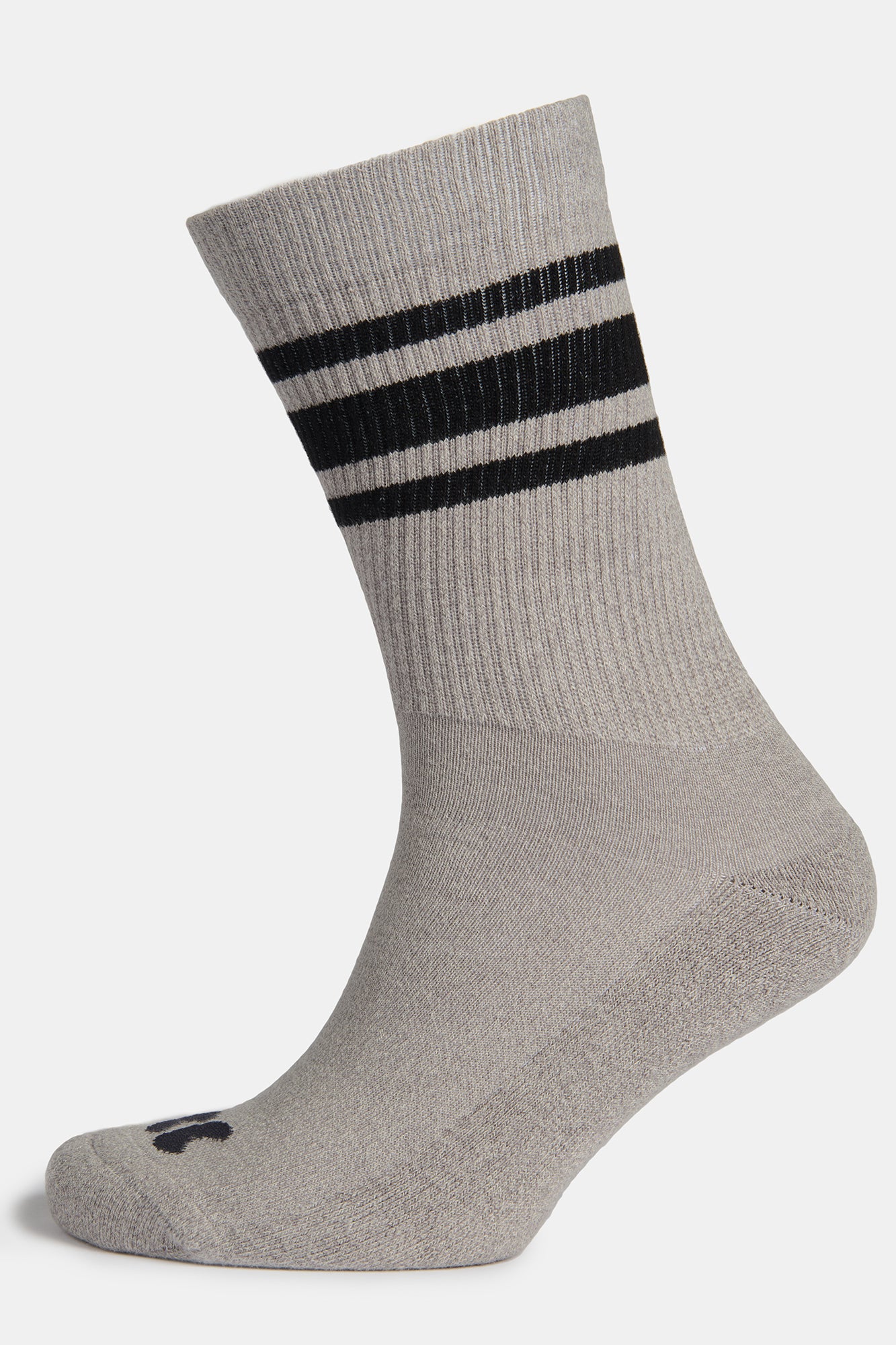 Image of sports cotton sock in grey with black stripe on ghost mannequin, CC logo on the toe