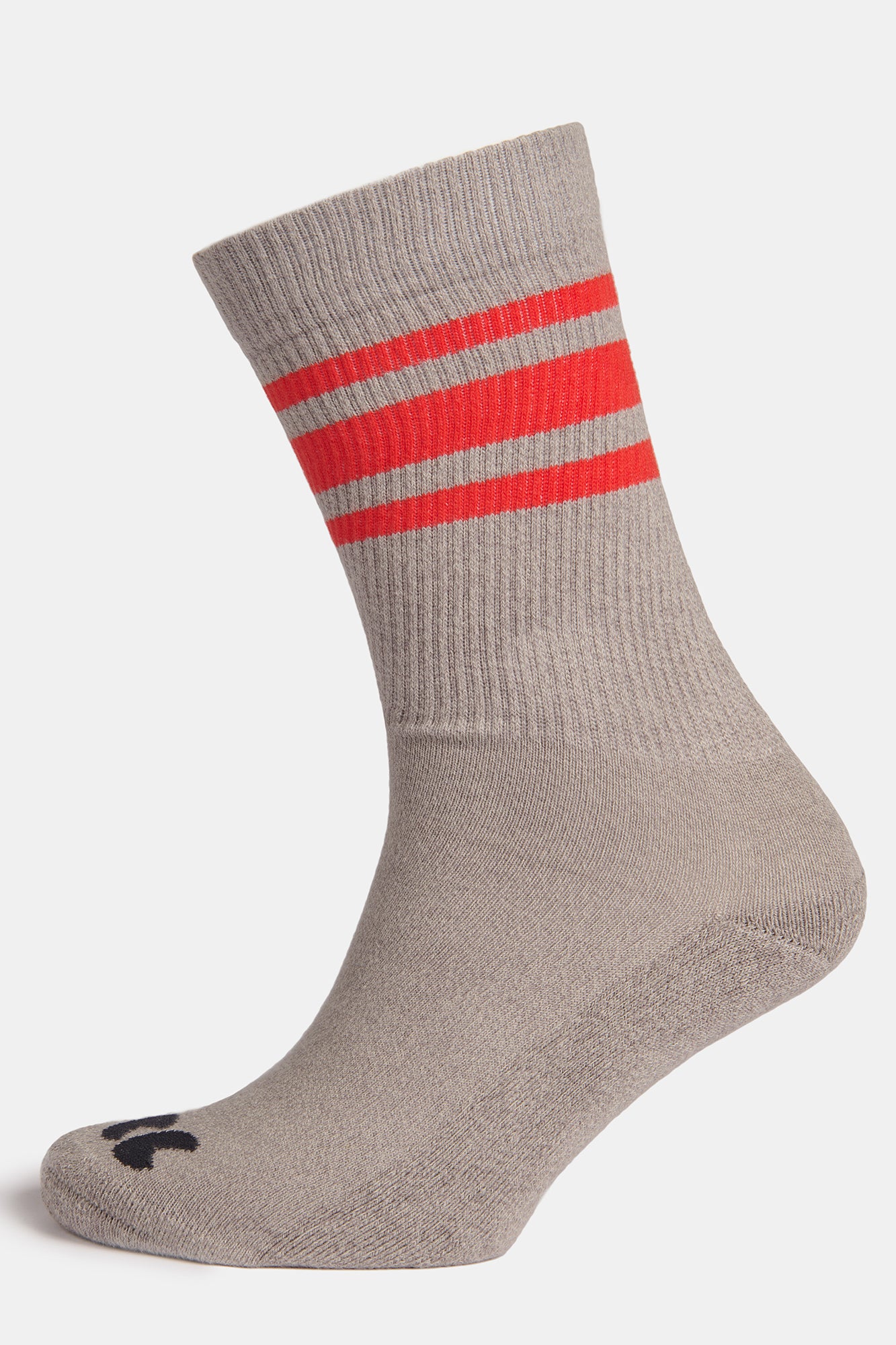 Image of sports cotton sock in grey with flame red stripe on ghost mannequin, CC logo on the toe