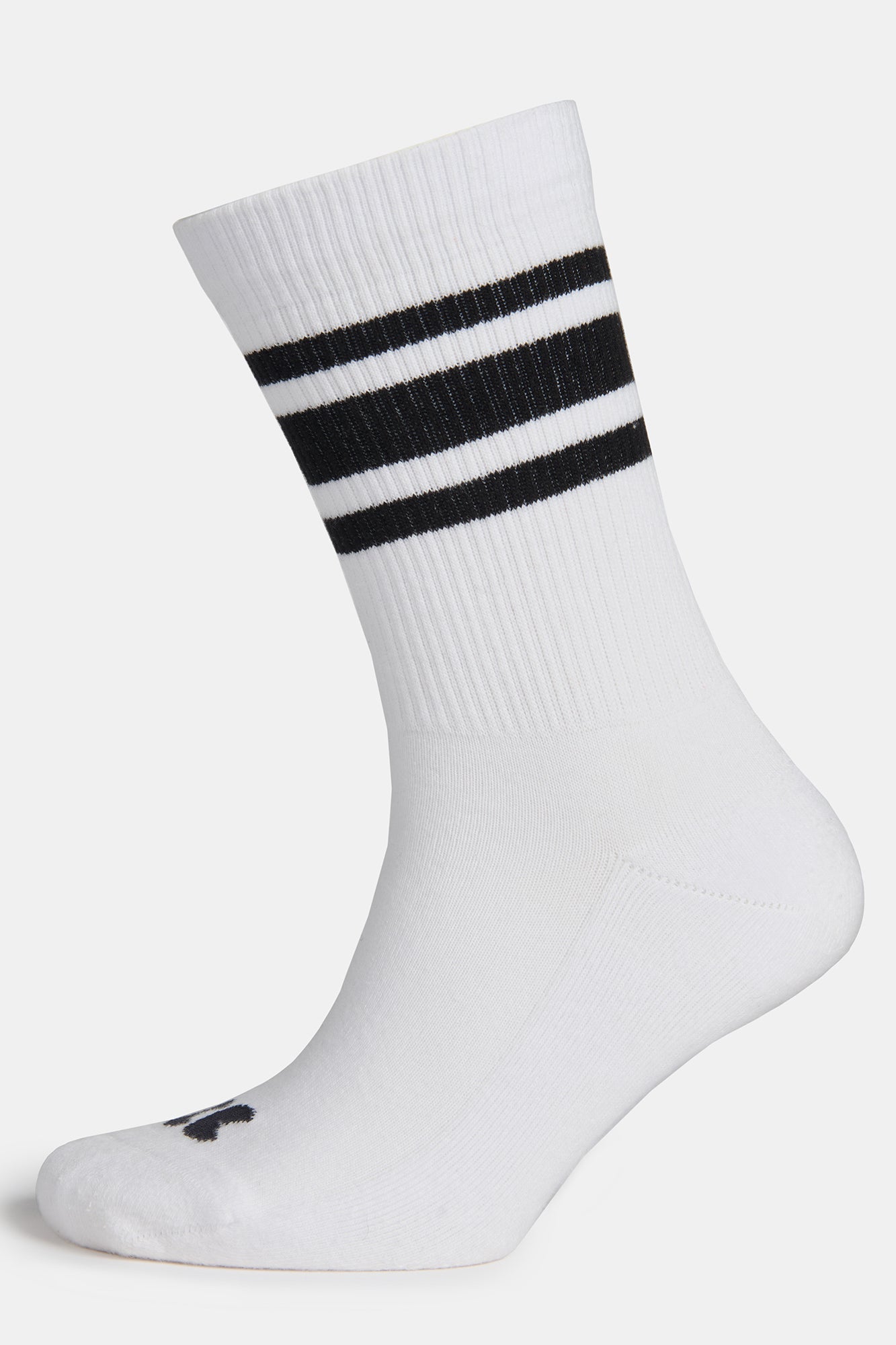Image of sports cotton sock in white with black stripe on ghost mannequin, CC logo on the toe